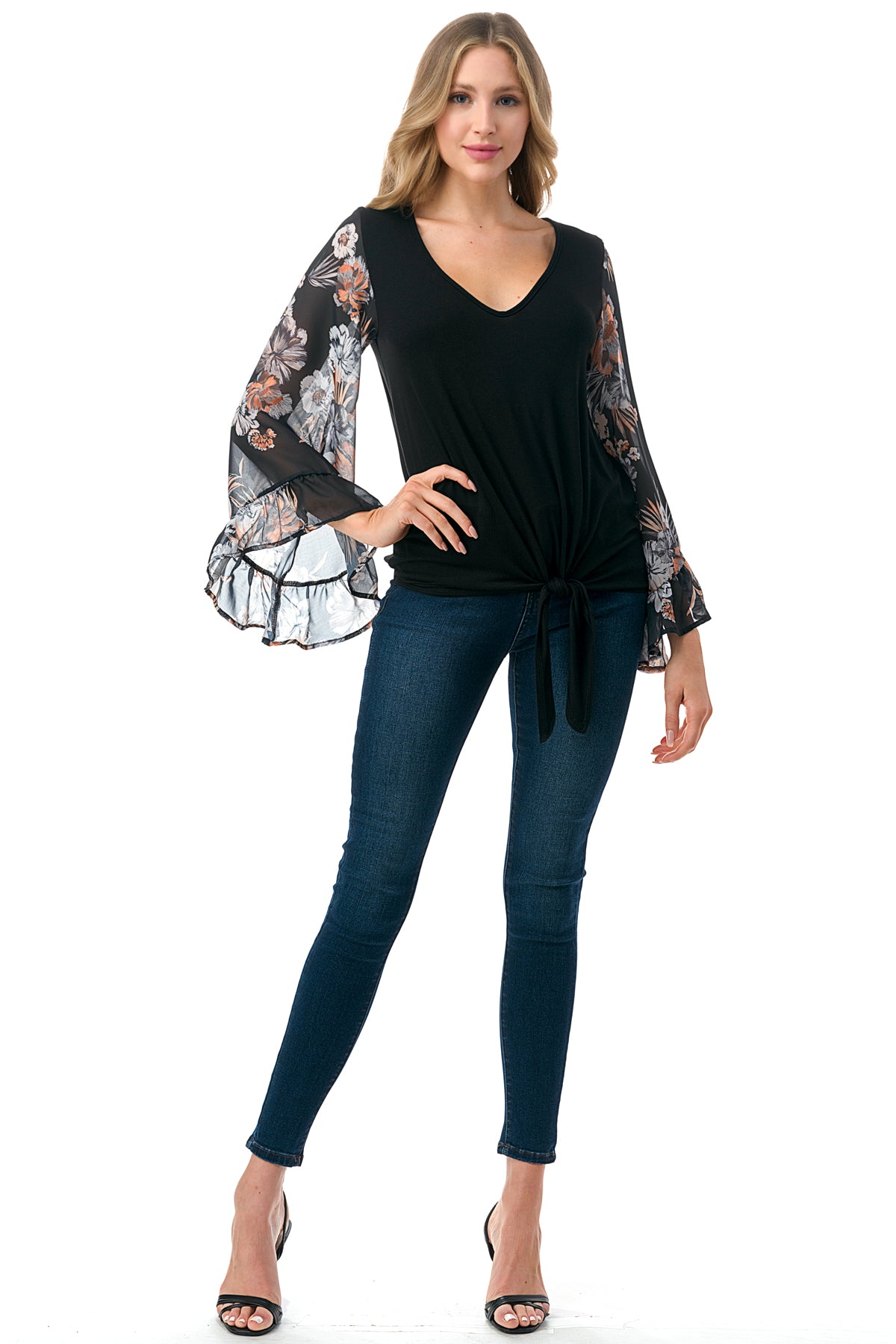 JANE V NECK RUFFLE SLEEVE TOP (BLACK/BLACK FLORAL)- VT3171