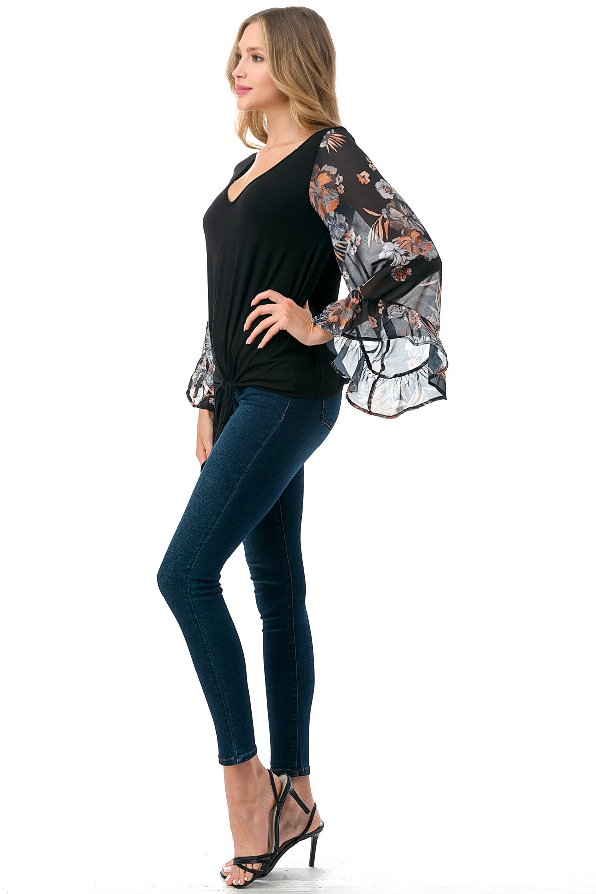JANE V NECK RUFFLE SLEEVE TOP (BLACK/BLACK FLORAL)- VT3171
