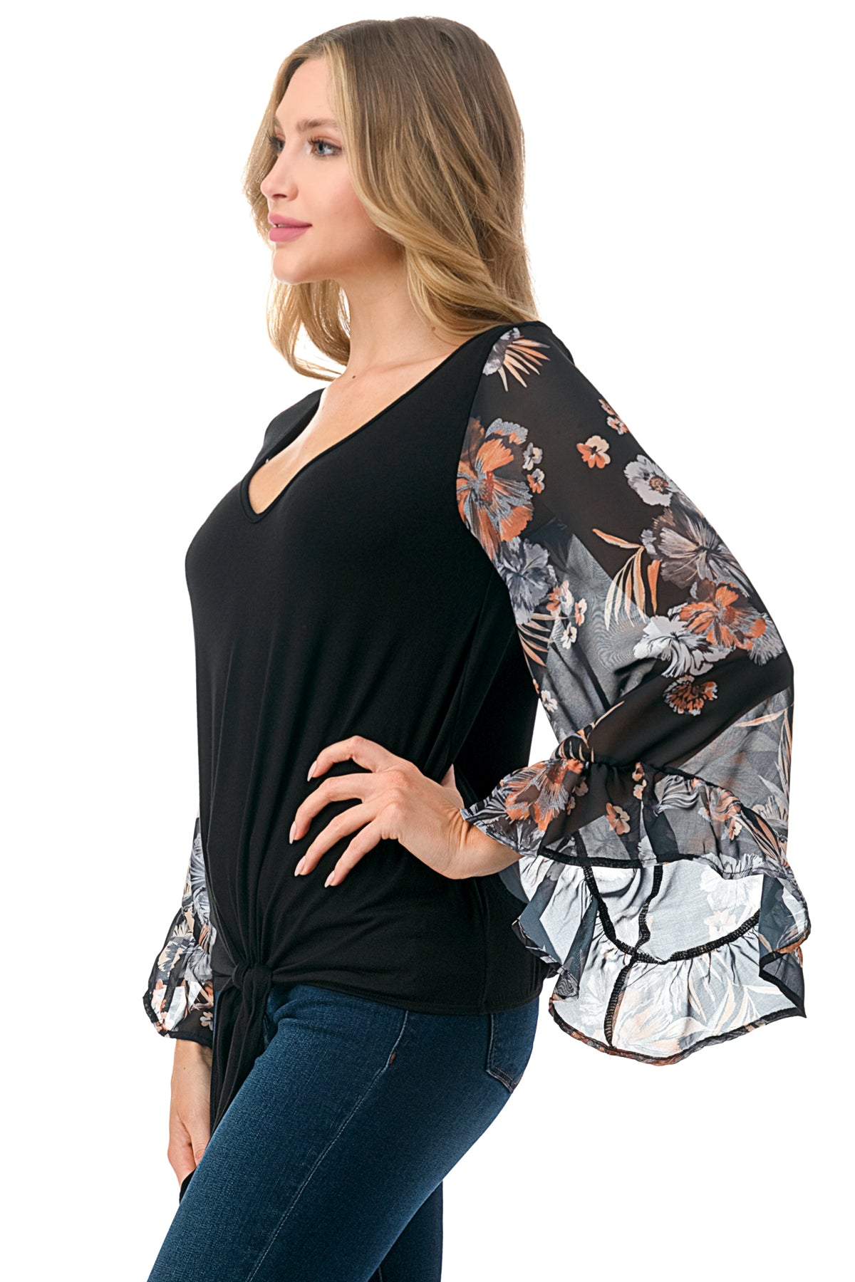 JANE V NECK RUFFLE SLEEVE TOP (BLACK/BLACK FLORAL)- VT3171
