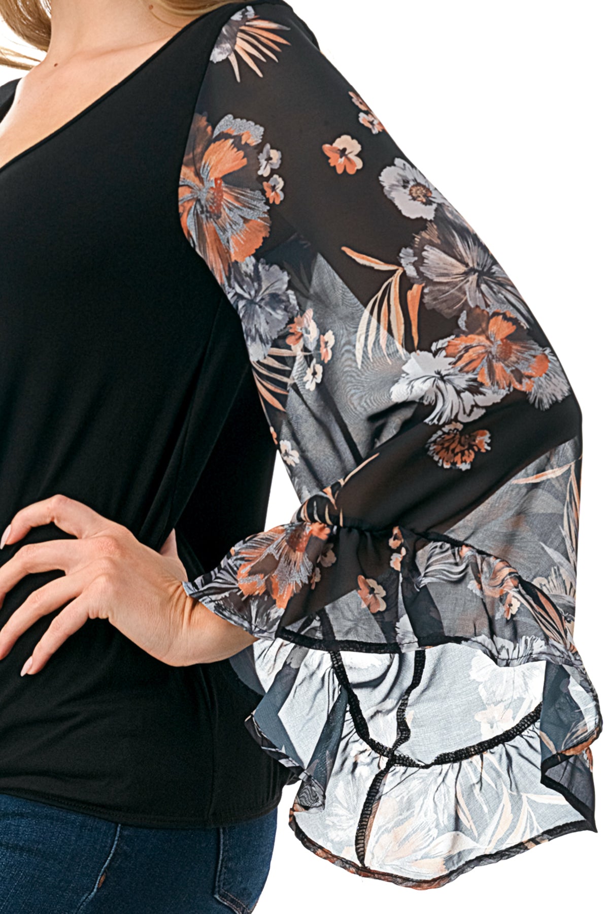 JANE V NECK RUFFLE SLEEVE TOP (BLACK/BLACK FLORAL)- VT3171