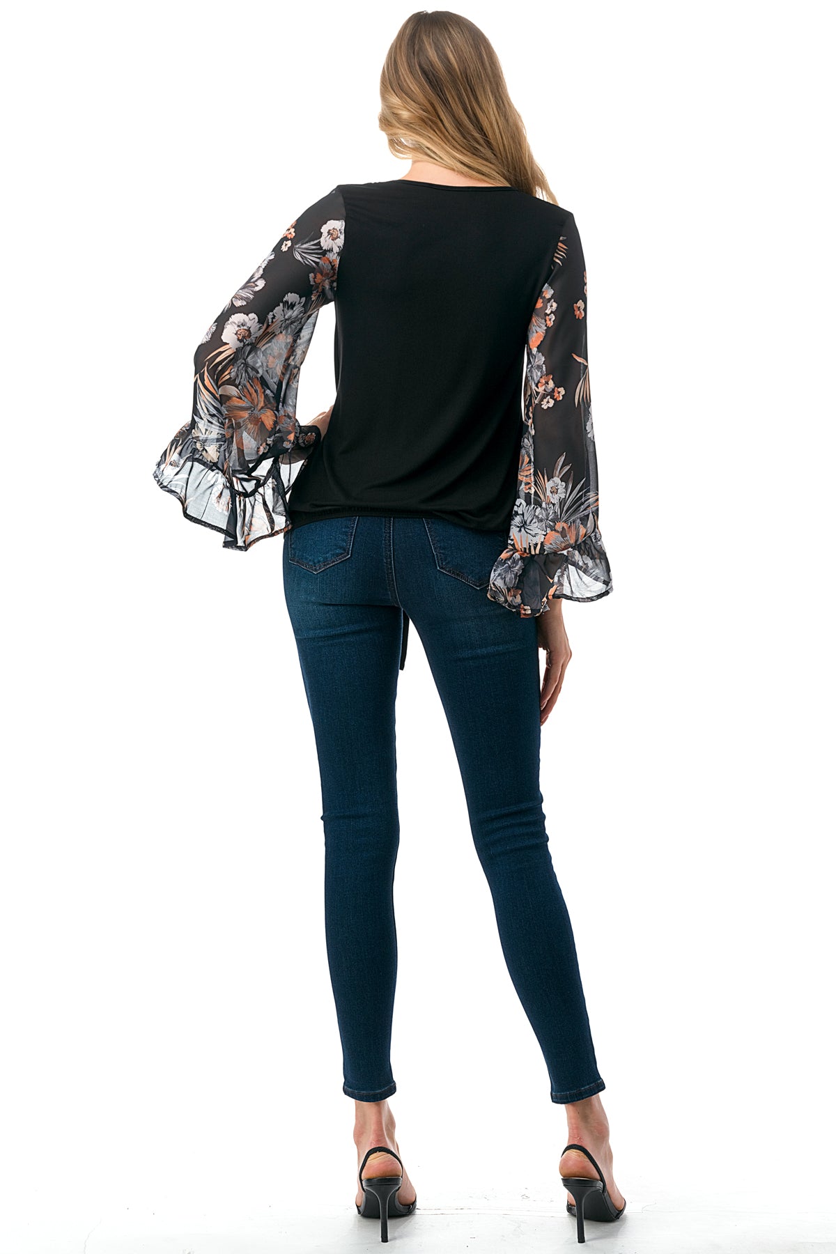 JANE V NECK RUFFLE SLEEVE TOP (BLACK/BLACK FLORAL)- VT3171