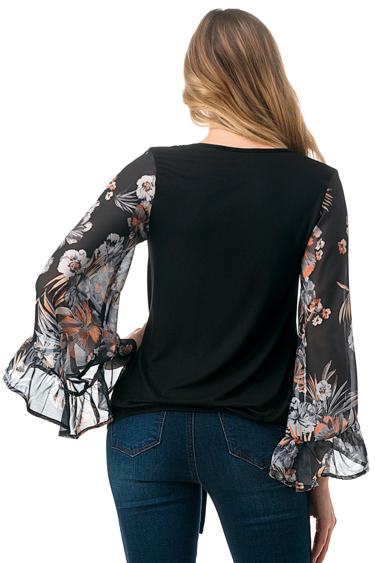 JANE V NECK RUFFLE SLEEVE TOP (BLACK/BLACK FLORAL)- VT3171