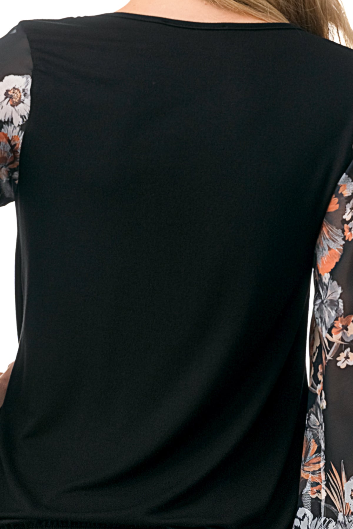 JANE V NECK RUFFLE SLEEVE TOP (BLACK/BLACK FLORAL)- VT3171