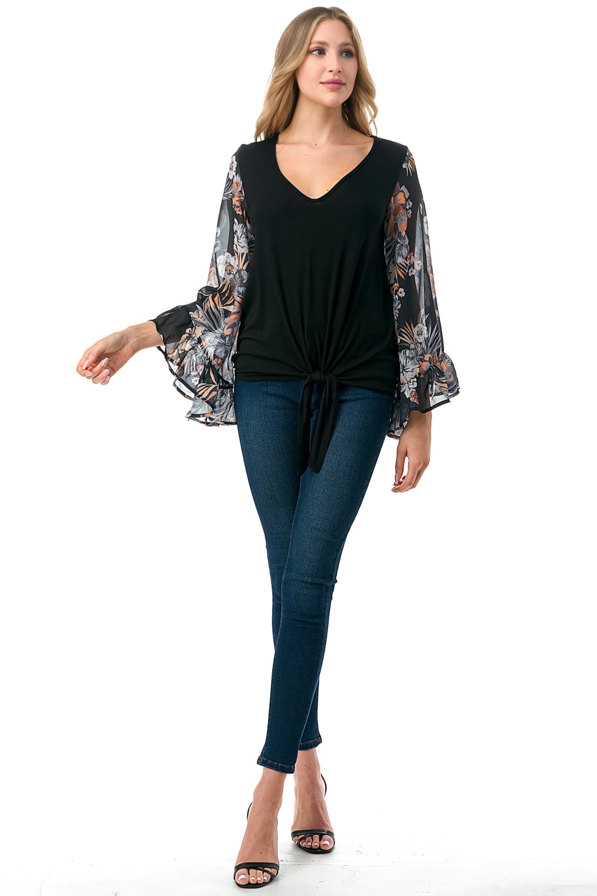 JANE V NECK RUFFLE SLEEVE TOP (BLACK/BLACK FLORAL)- VT3171