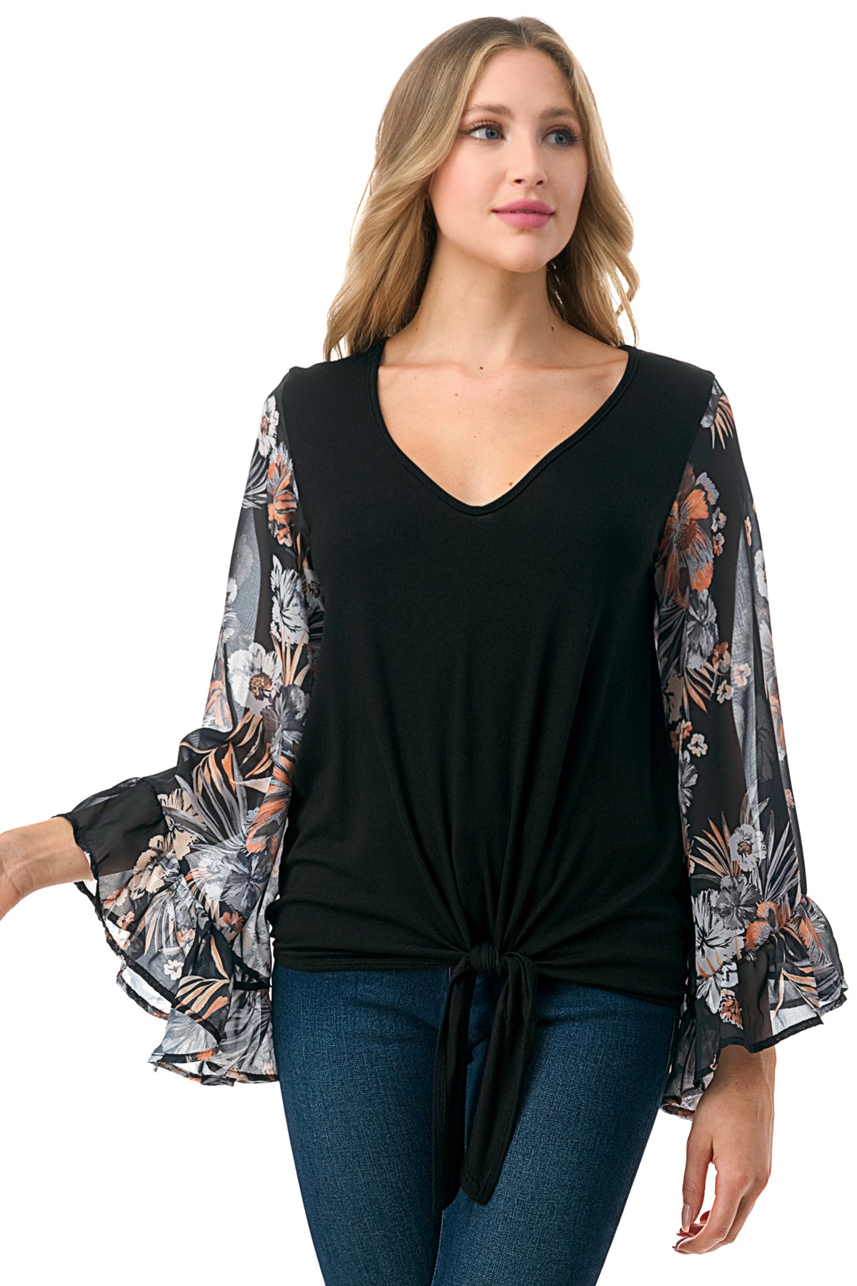JANE V NECK RUFFLE SLEEVE TOP (BLACK/BLACK FLORAL)- VT3171