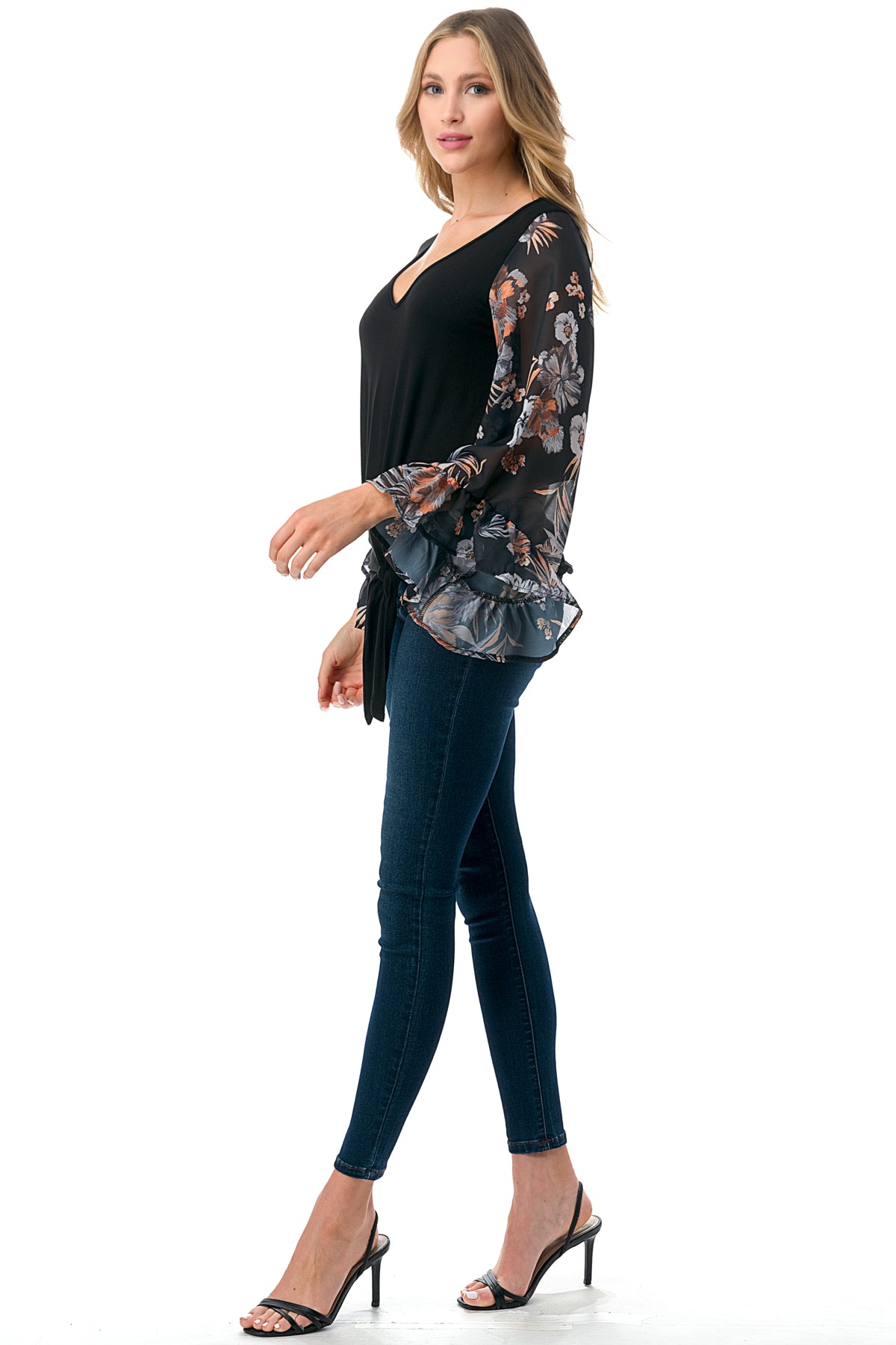 JANE V NECK RUFFLE SLEEVE TOP (BLACK/BLACK FLORAL)- VT3171