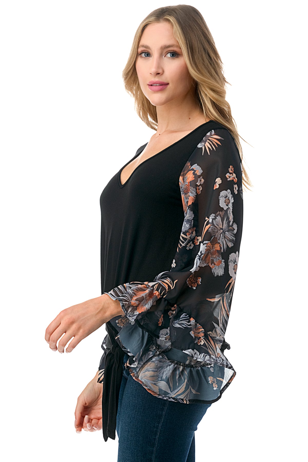 JANE V NECK RUFFLE SLEEVE TOP (BLACK/BLACK FLORAL)- VT3171