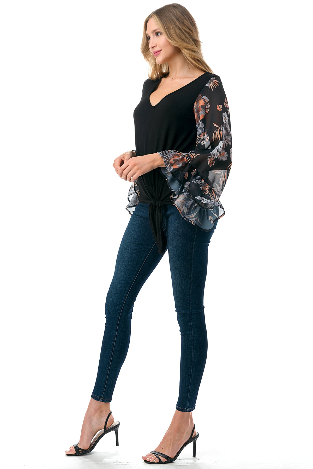 JANE V NECK RUFFLE SLEEVE TOP (BLACK/BLACK FLORAL)- VT3171