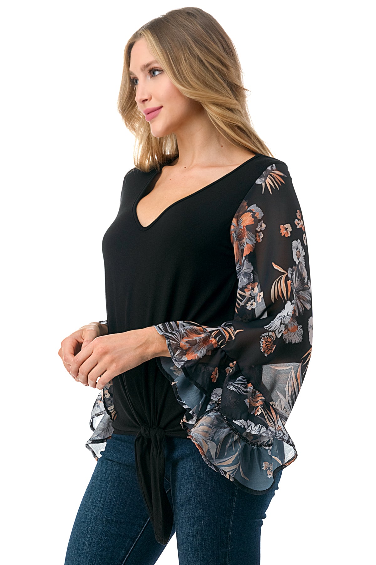 JANE V NECK RUFFLE SLEEVE TOP (BLACK/BLACK FLORAL)- VT3171