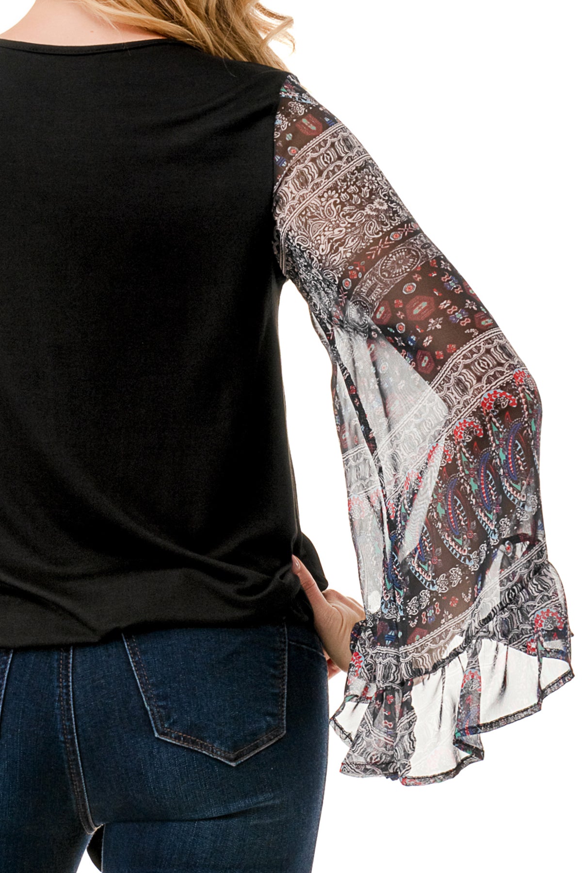 JANE V NECK RUFFLE SLEEVE TOP (BLACK / VINTAGE BOHO)- VT3171