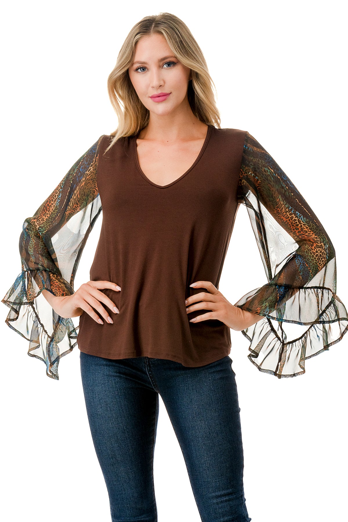 JANE V NECK RUFFLE SLEEVE TOP (DARK BROWN / FALL ZEBRA)- VT3171-NO TIE