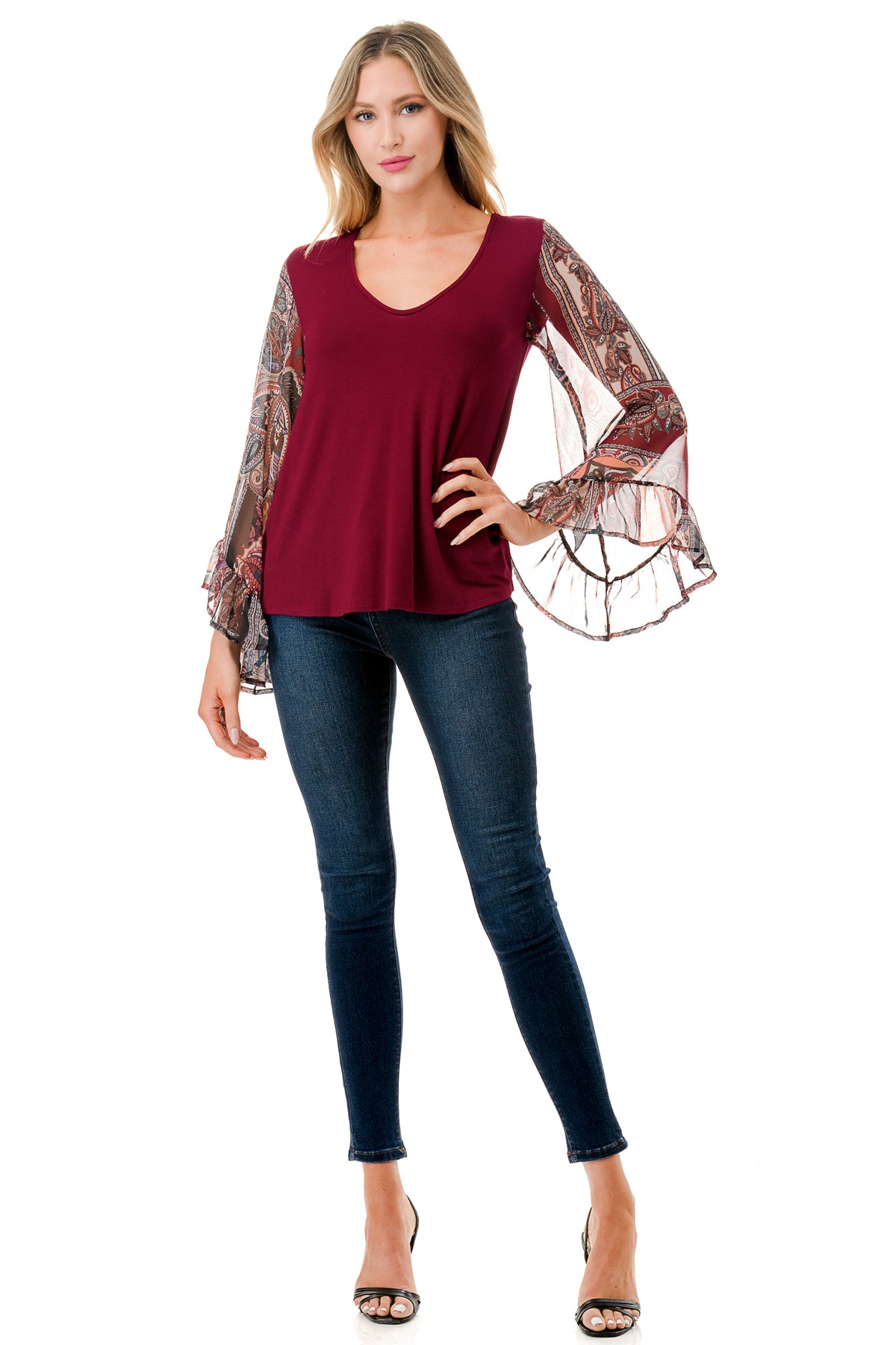 JANE V NECK RUFFLE SLEEVE TOP (DARK WINE/FALL IN LOVE)- VT3171-NO TIE