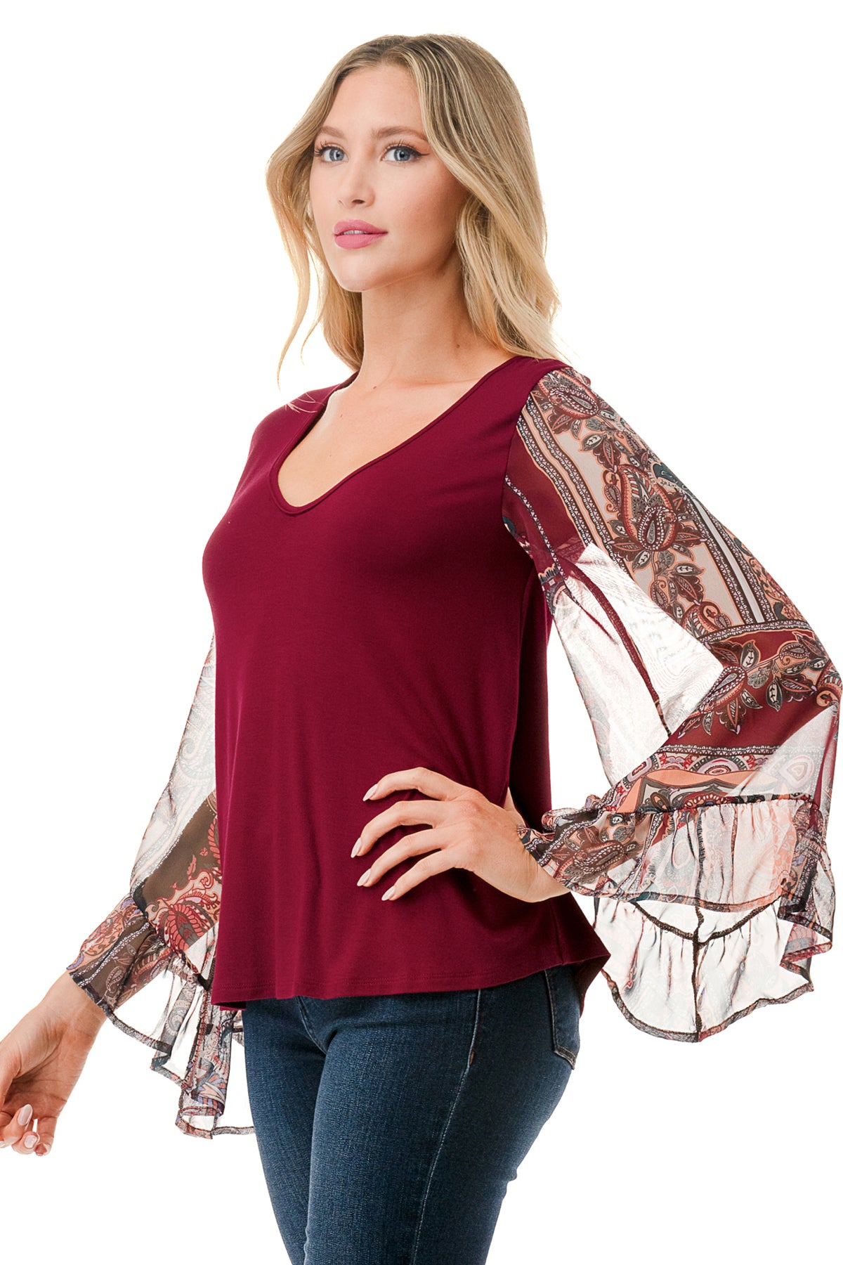 JANE V NECK RUFFLE SLEEVE TOP (DARK WINE/FALL IN LOVE)- VT3171-NO TIE