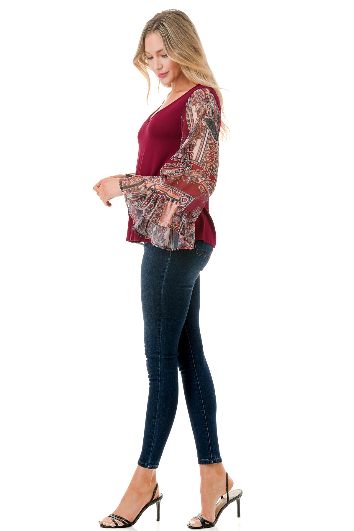 JANE V NECK RUFFLE SLEEVE TOP (DARK WINE/FALL IN LOVE)- VT3171-NO TIE