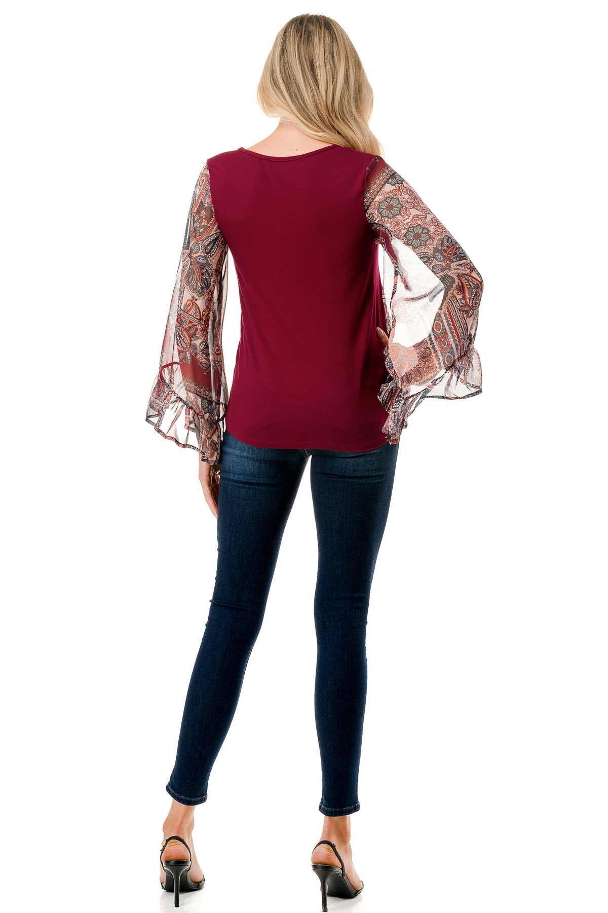 JANE V NECK RUFFLE SLEEVE TOP (DARK WINE/FALL IN LOVE)- VT3171-NO TIE