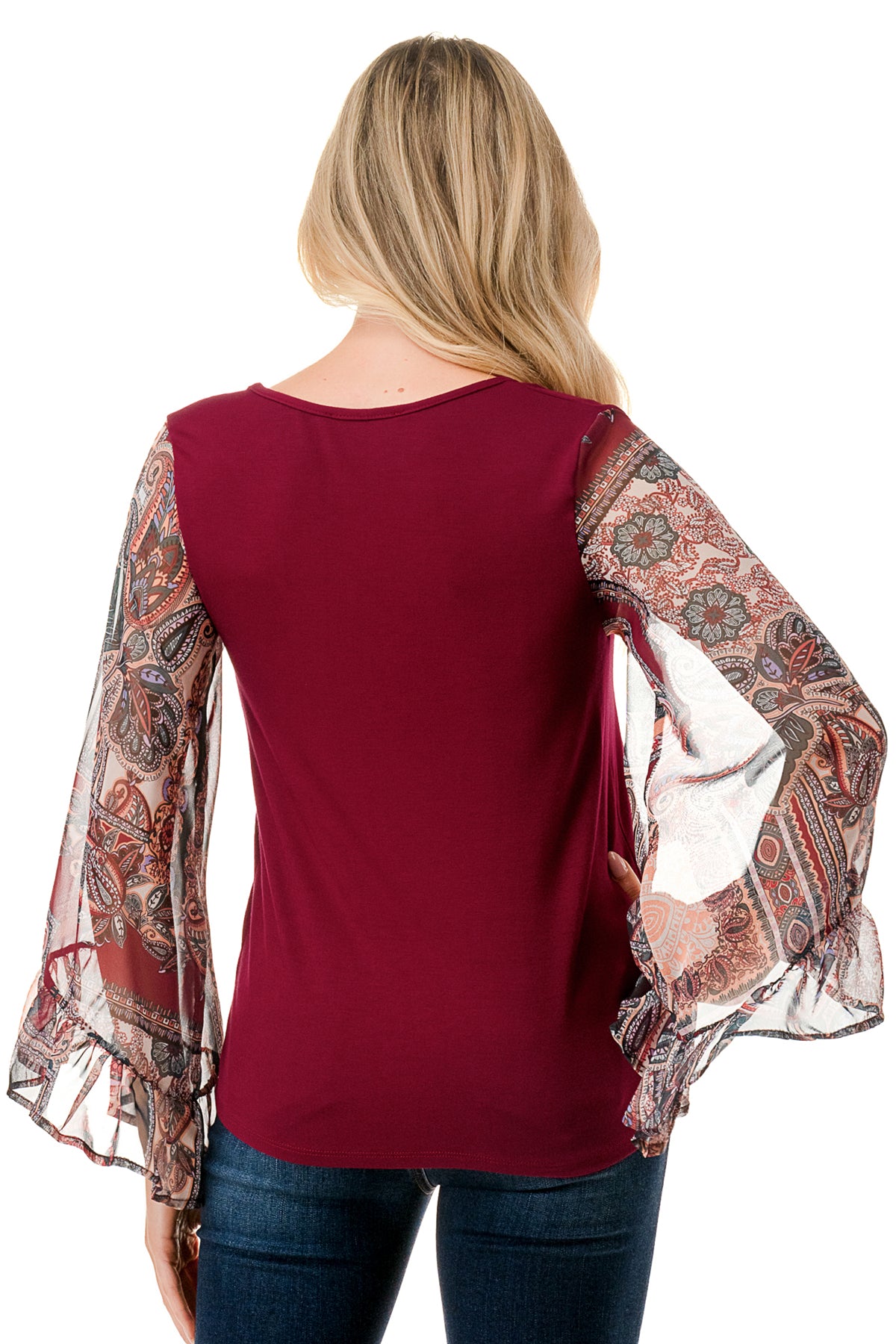 JANE V NECK RUFFLE SLEEVE TOP (DARK WINE/FALL IN LOVE)- VT3171-NO TIE