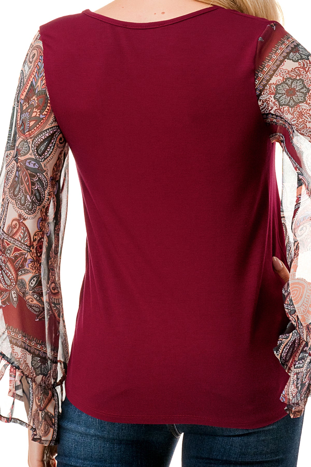 JANE V NECK RUFFLE SLEEVE TOP (DARK WINE/FALL IN LOVE)- VT3171-NO TIE
