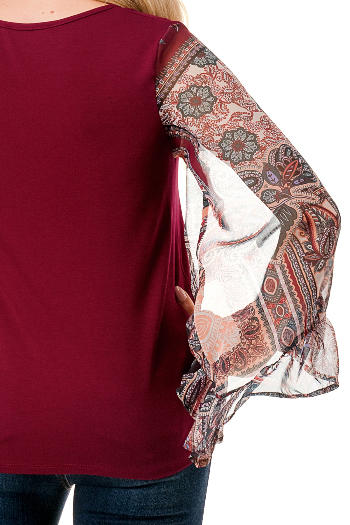 JANE V NECK RUFFLE SLEEVE TOP (DARK WINE/FALL IN LOVE)- VT3171-NO TIE