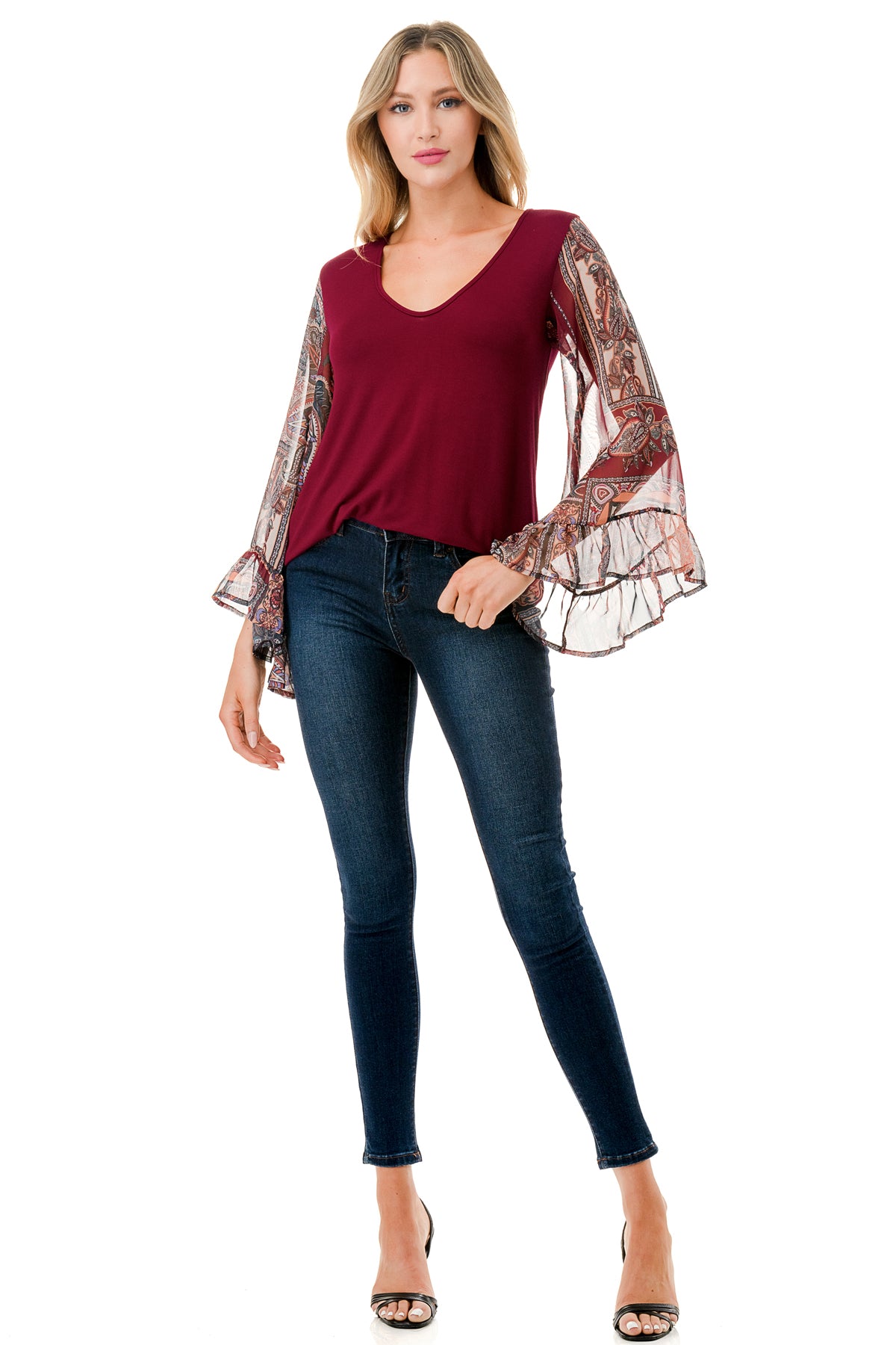 JANE V NECK RUFFLE SLEEVE TOP (DARK WINE/FALL IN LOVE)- VT3171-NO TIE