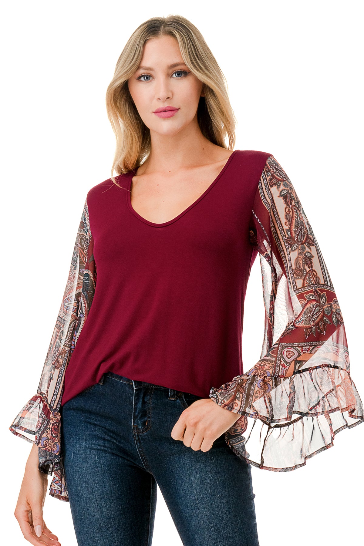 JANE V NECK RUFFLE SLEEVE TOP (DARK WINE/FALL IN LOVE)- VT3171-NO TIE