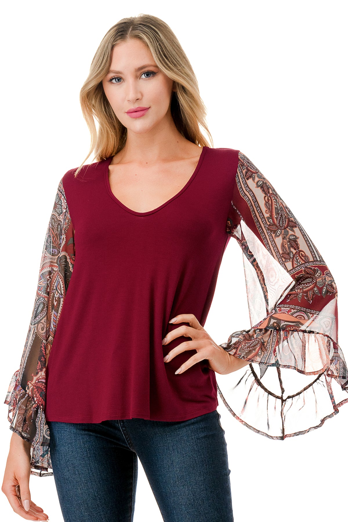 JANE V NECK RUFFLE SLEEVE TOP (DARK WINE/FALL IN LOVE)- VT3171-NO TIE