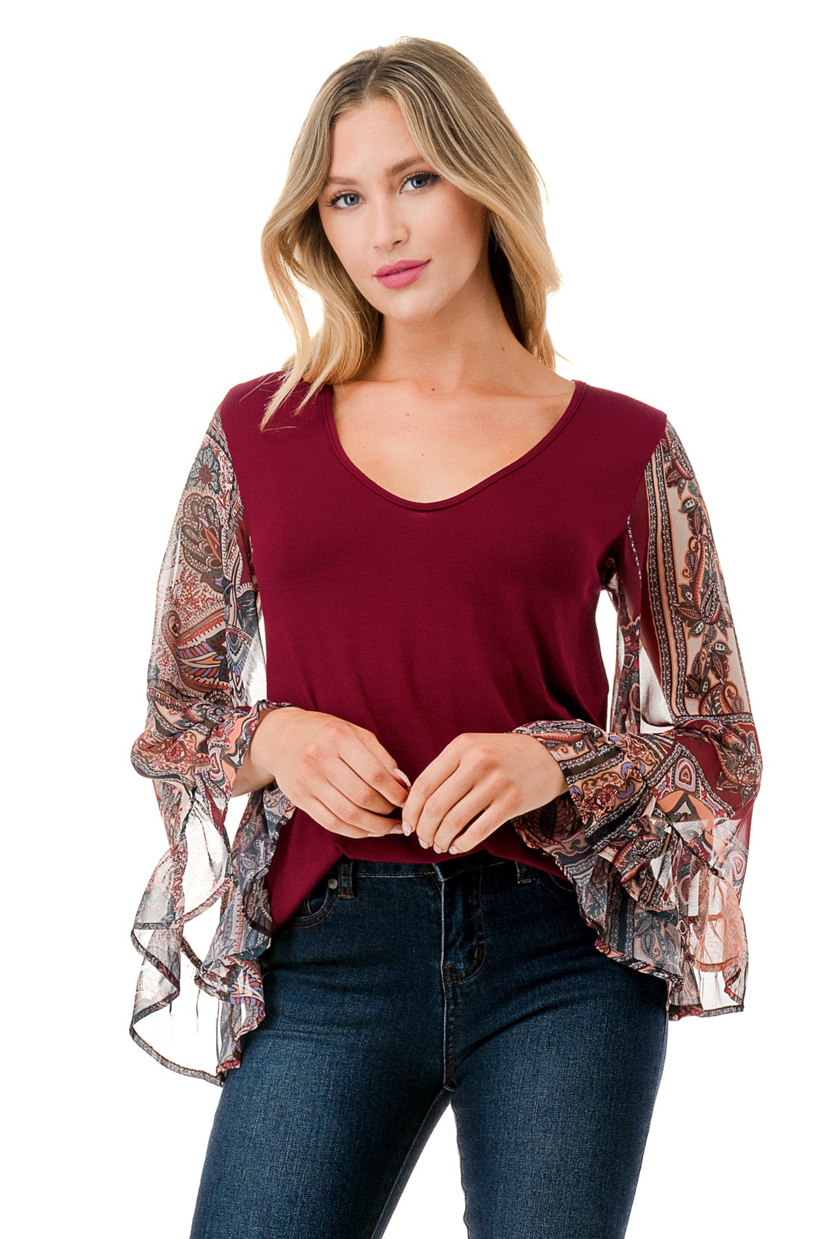 JANE V NECK RUFFLE SLEEVE TOP (DARK WINE/FALL IN LOVE)- VT3171-NO TIE