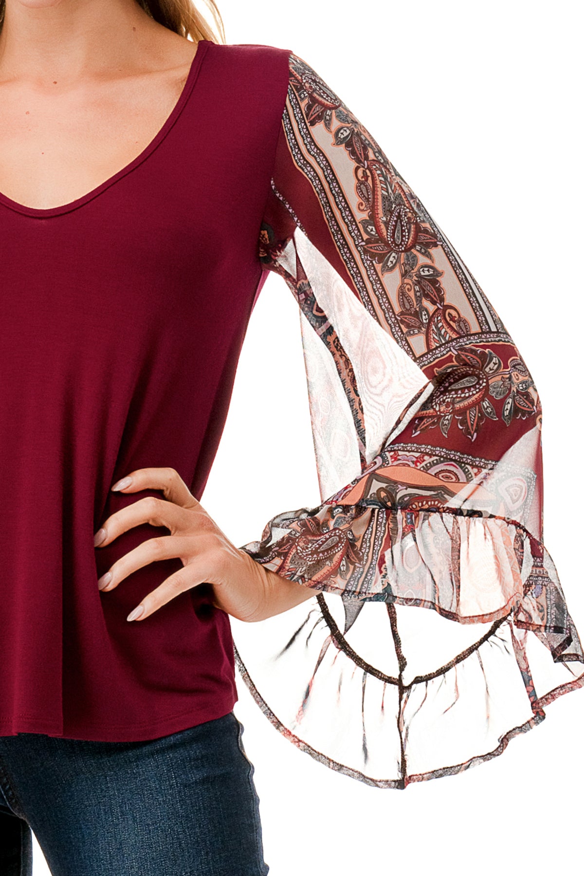 JANE V NECK RUFFLE SLEEVE TOP (DARK WINE/FALL IN LOVE)- VT3171-NO TIE