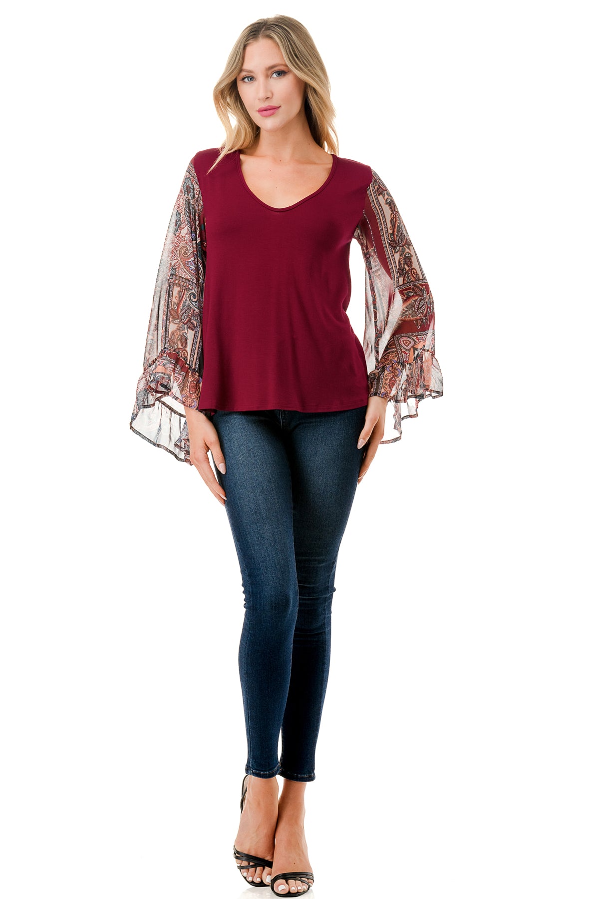 JANE V NECK RUFFLE SLEEVE TOP (DARK WINE/FALL IN LOVE)- VT3171-NO TIE