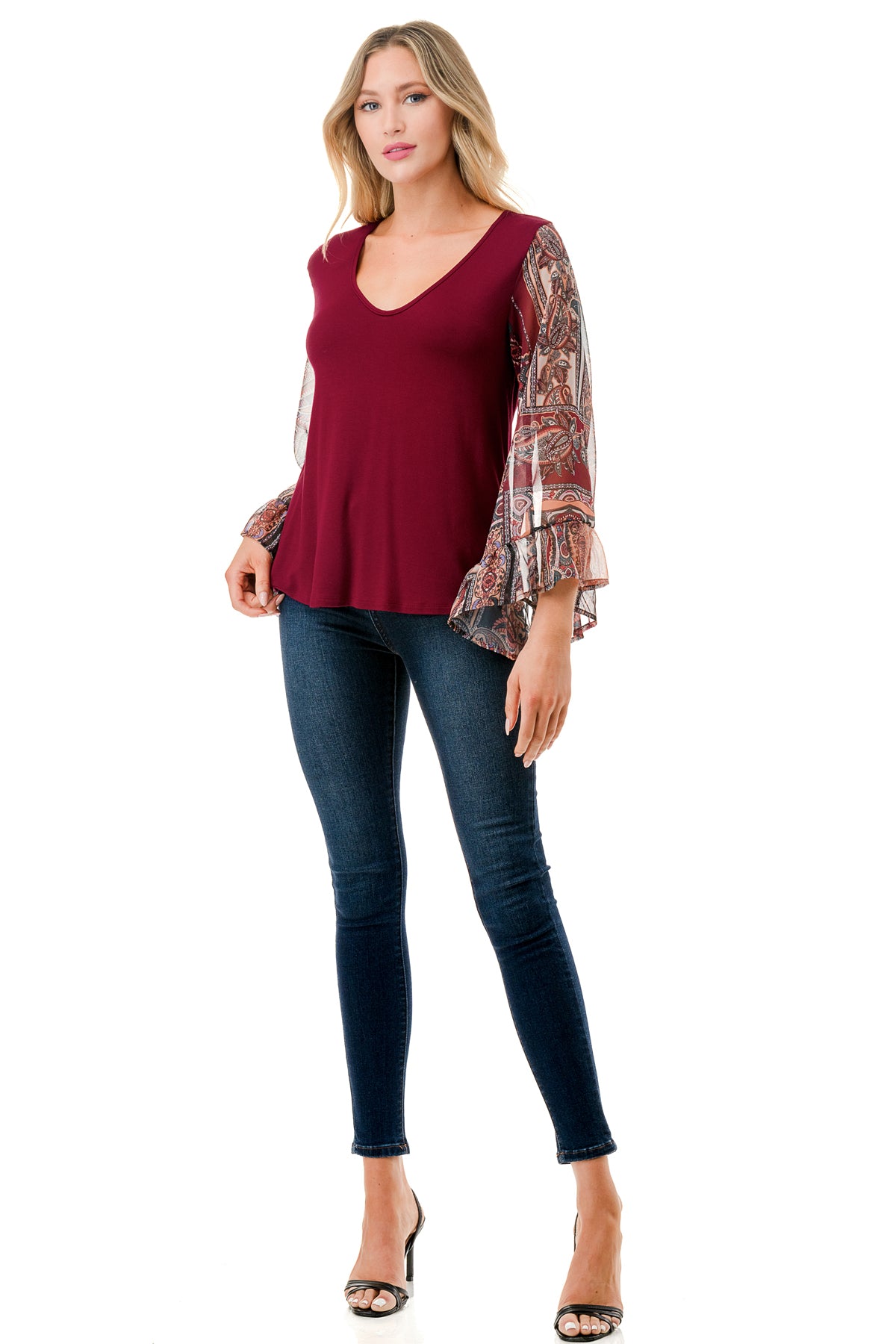 JANE V NECK RUFFLE SLEEVE TOP (DARK WINE/FALL IN LOVE)- VT3171-NO TIE
