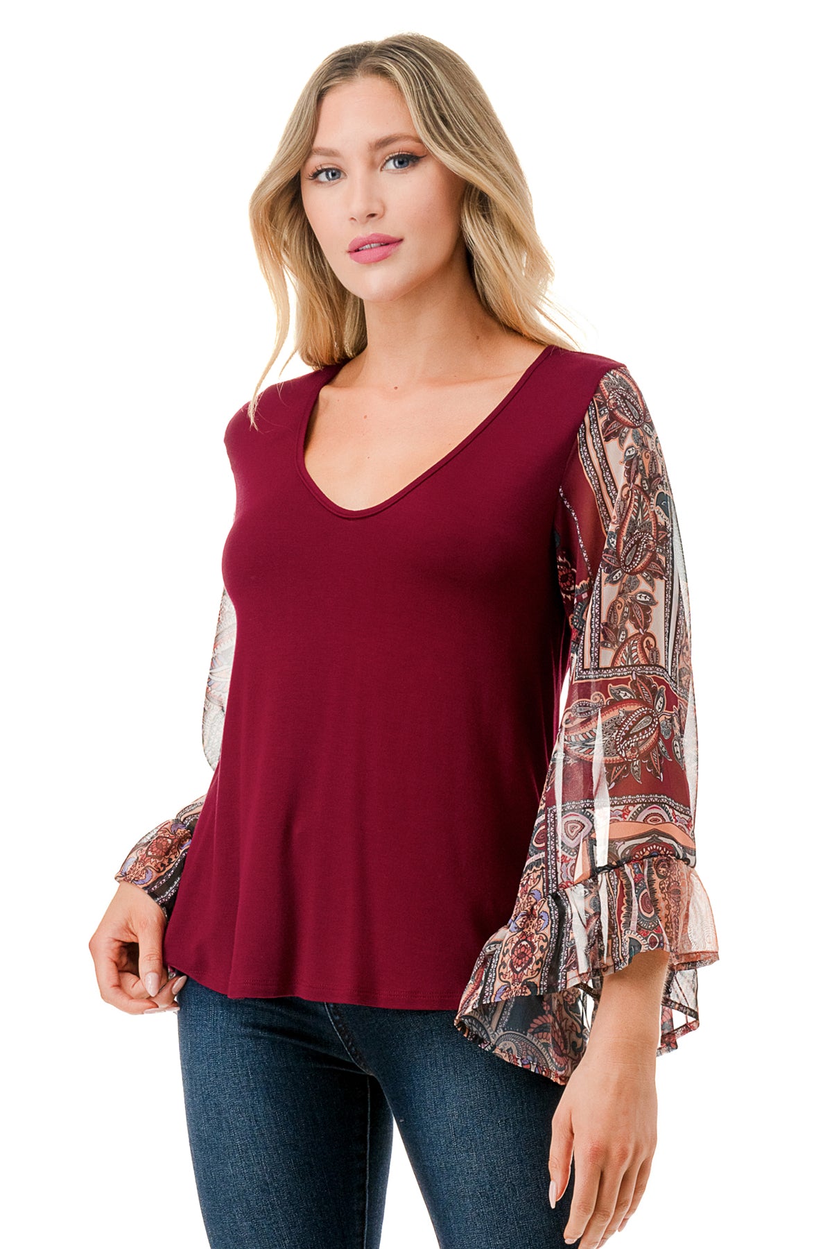 JANE V NECK RUFFLE SLEEVE TOP (DARK WINE/FALL IN LOVE)- VT3171-NO TIE