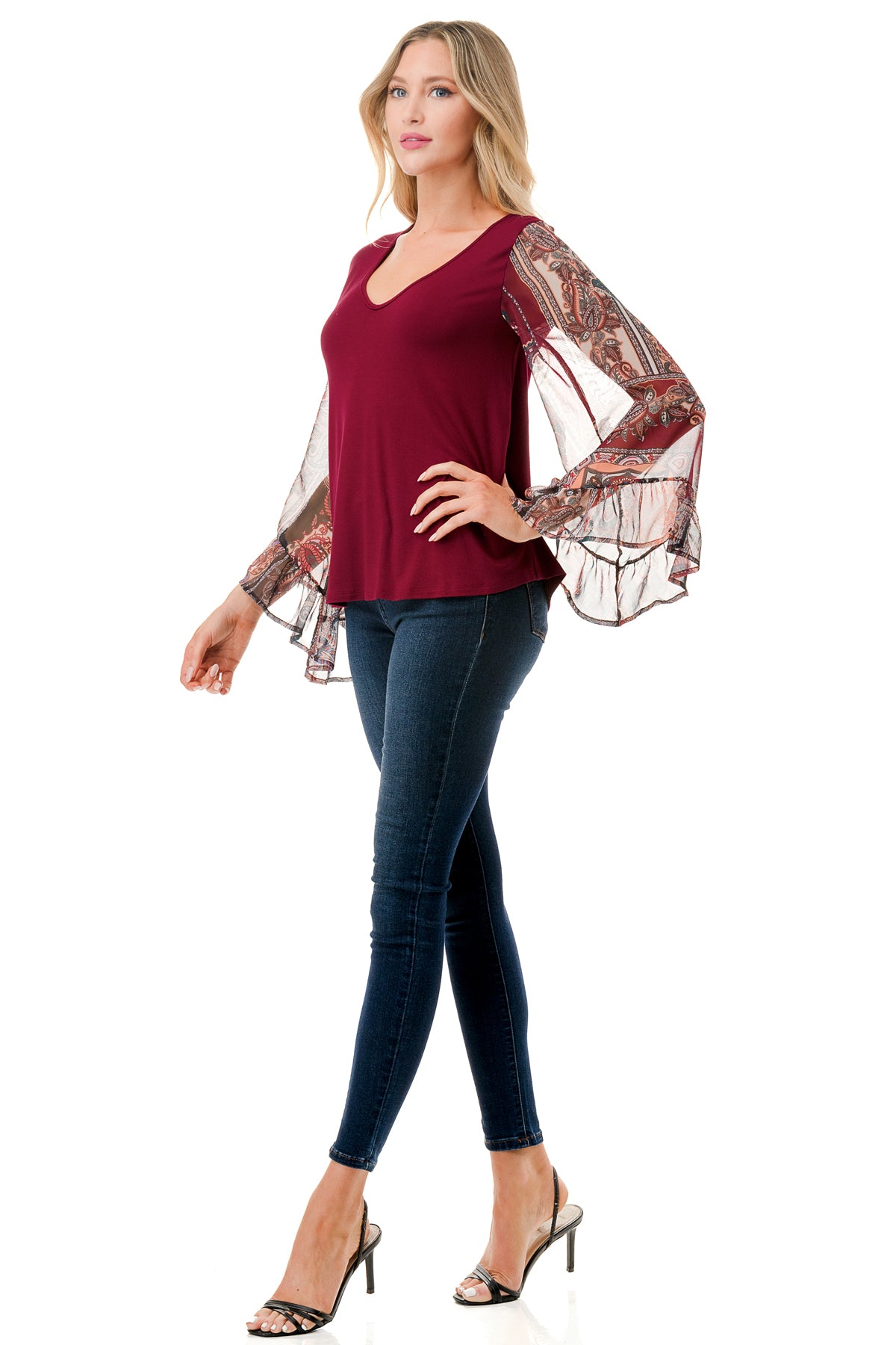 JANE V NECK RUFFLE SLEEVE TOP (DARK WINE/FALL IN LOVE)- VT3171-NO TIE