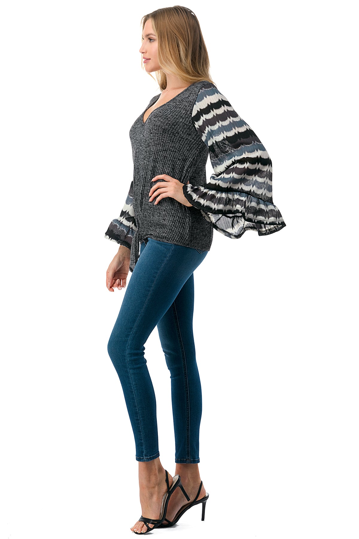 JANE V NECK RUFFLE SLEEVE TOP (GREY HACCI / GREY WAVE)- VT3171