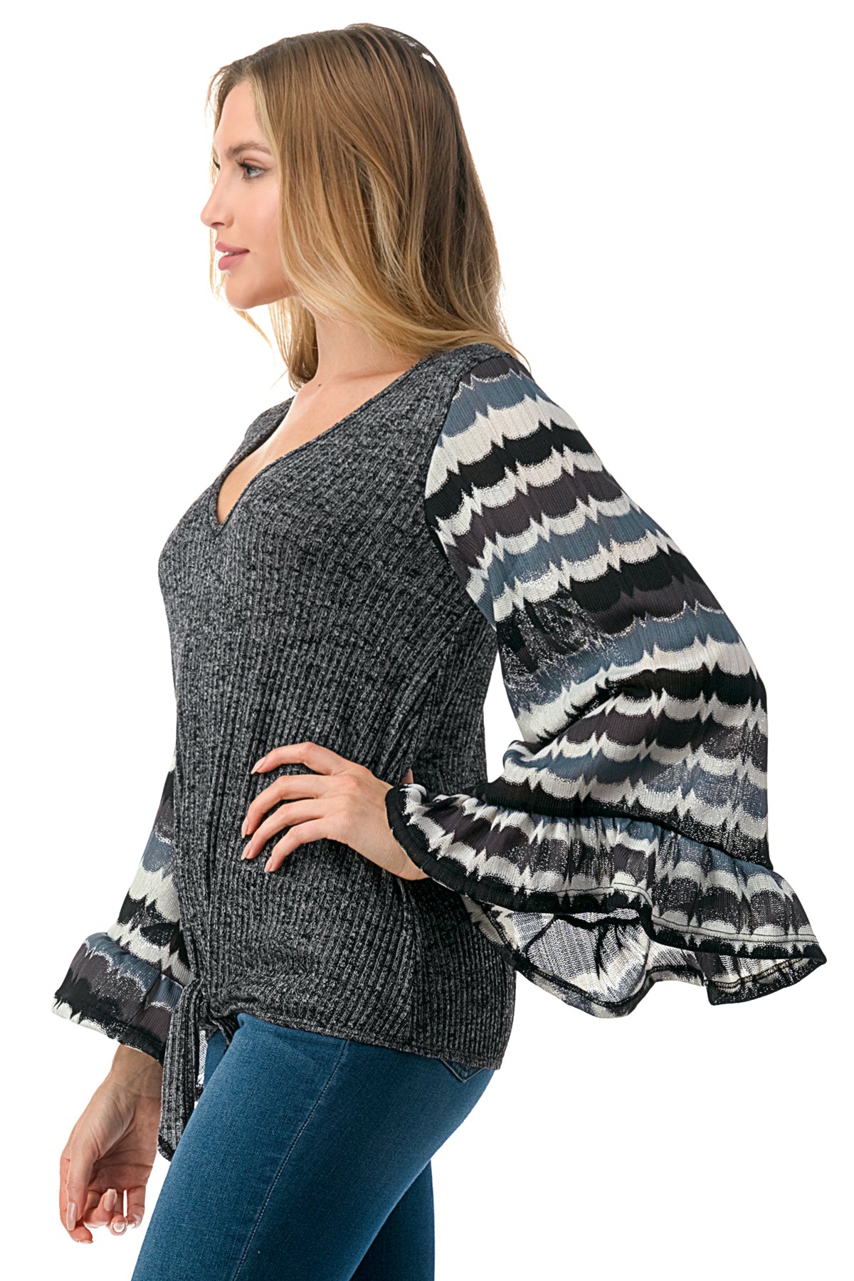 JANE V NECK RUFFLE SLEEVE TOP (GREY HACCI / GREY WAVE)- VT3171