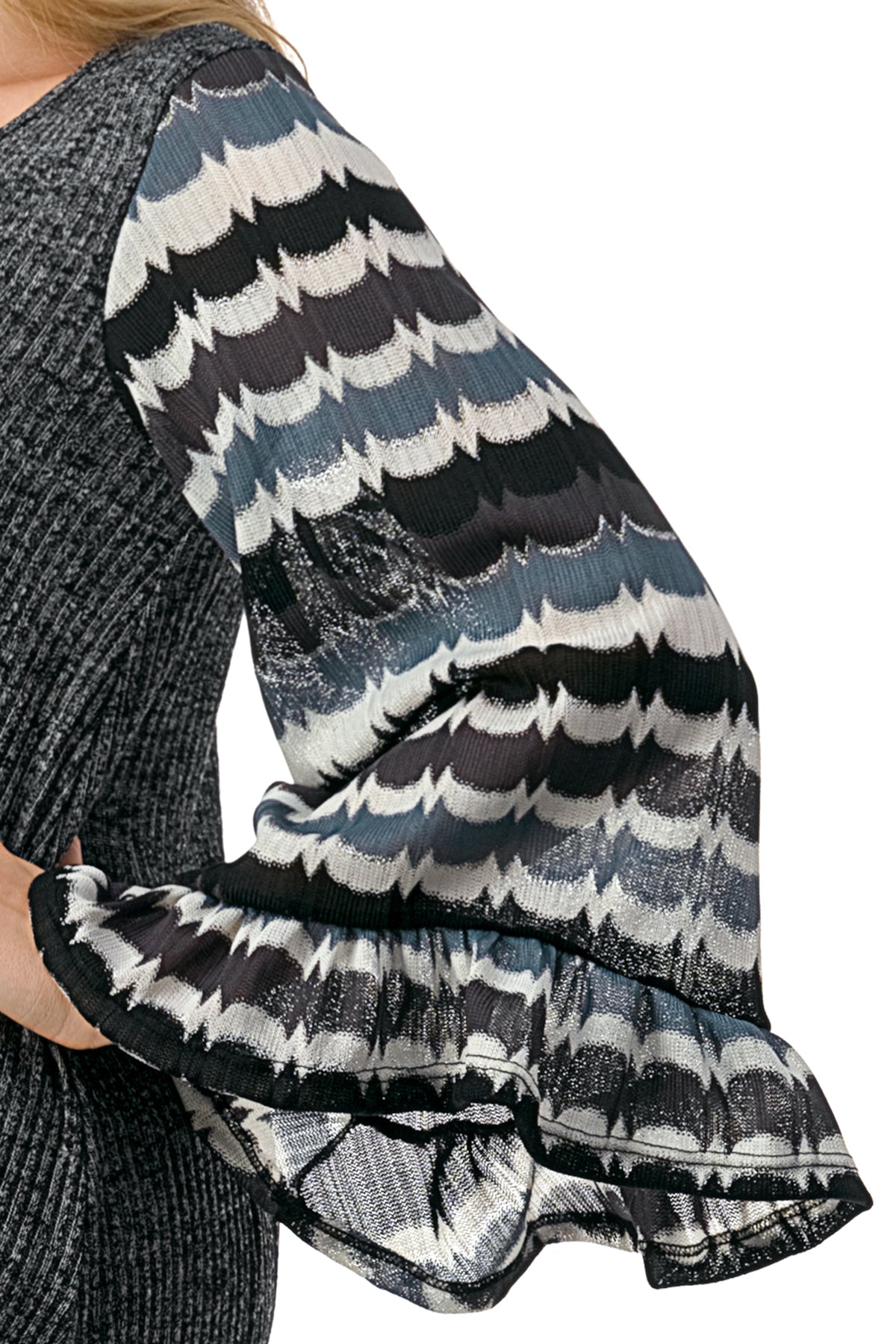 JANE V NECK RUFFLE SLEEVE TOP (GREY HACCI / GREY WAVE)- VT3171