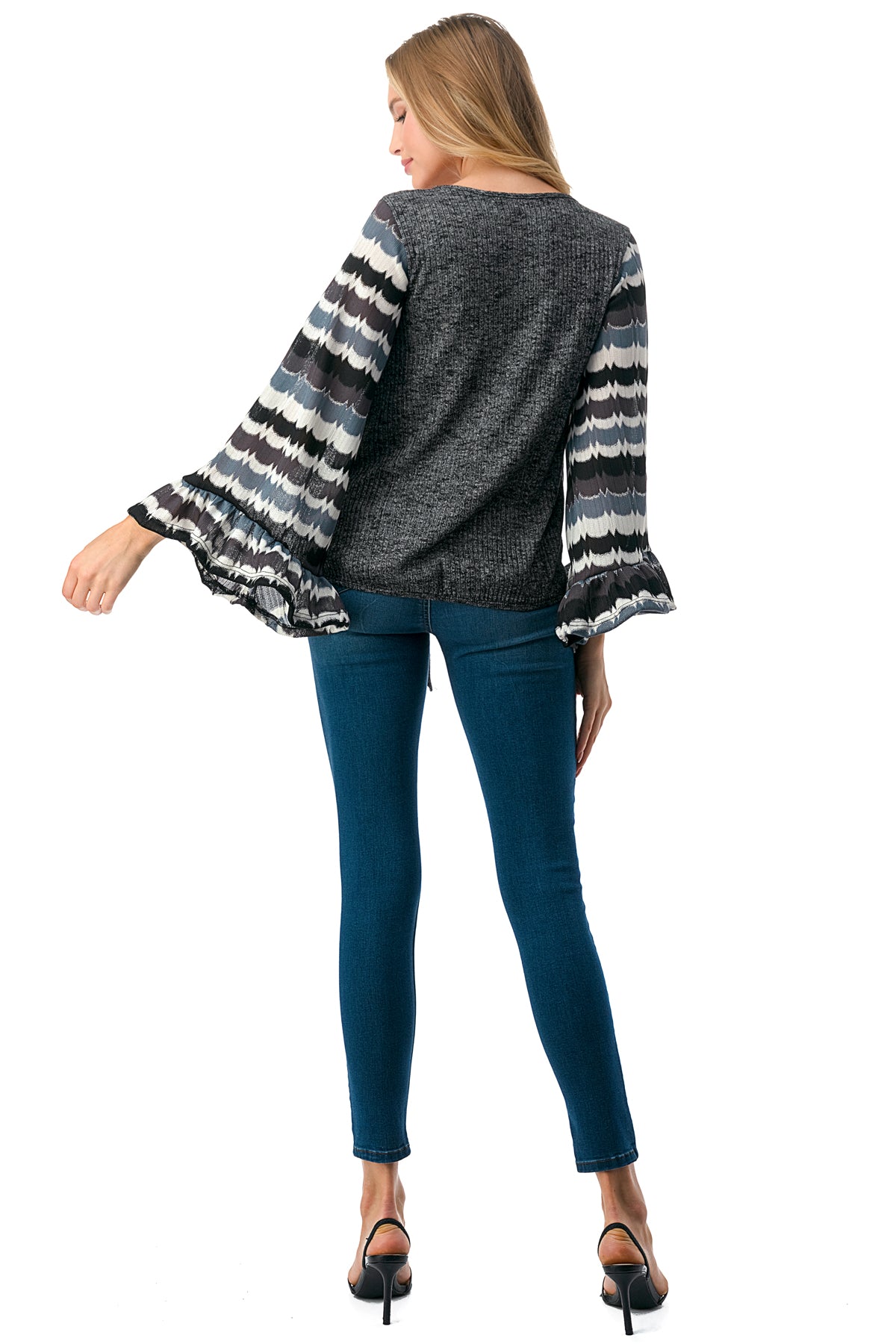 JANE V NECK RUFFLE SLEEVE TOP (GREY HACCI / GREY WAVE)- VT3171