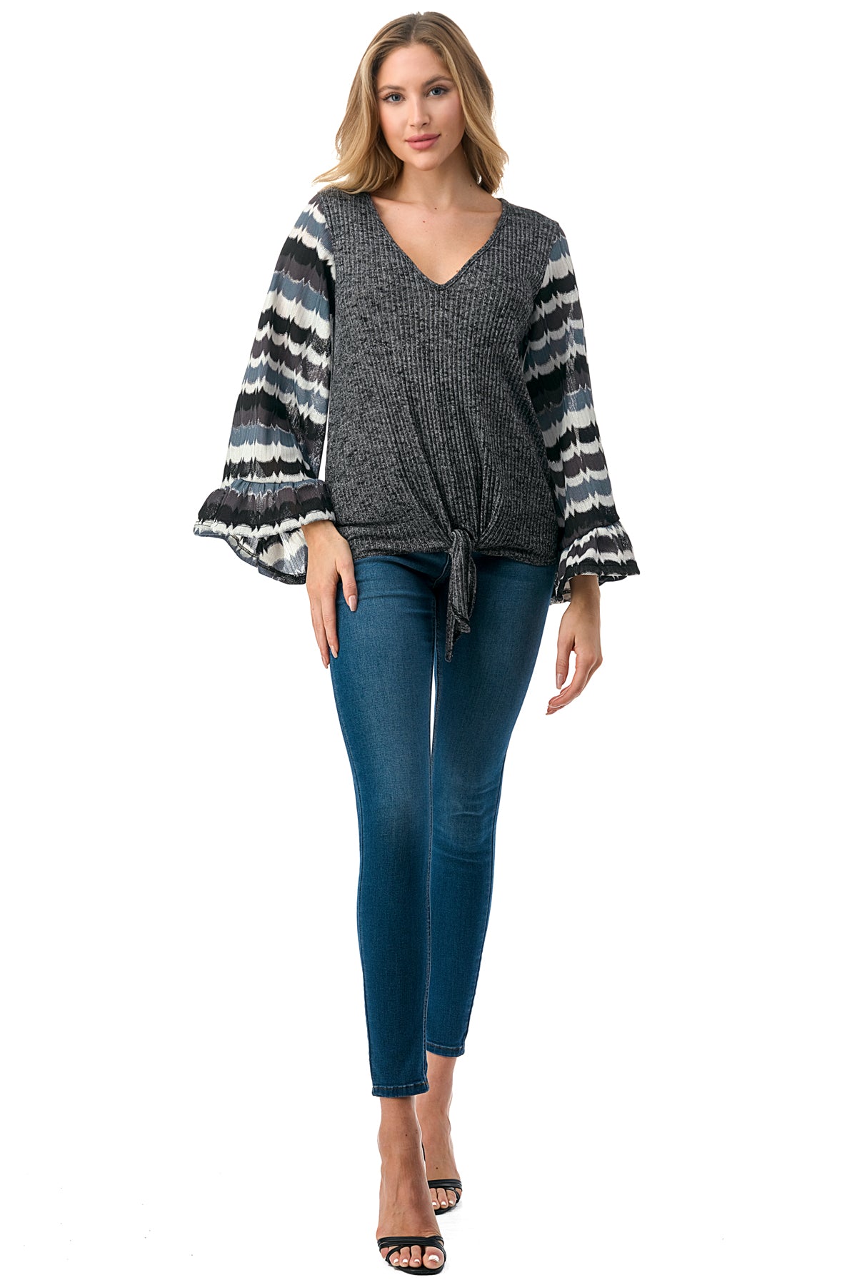 JANE V NECK RUFFLE SLEEVE TOP (GREY HACCI / GREY WAVE)- VT3171