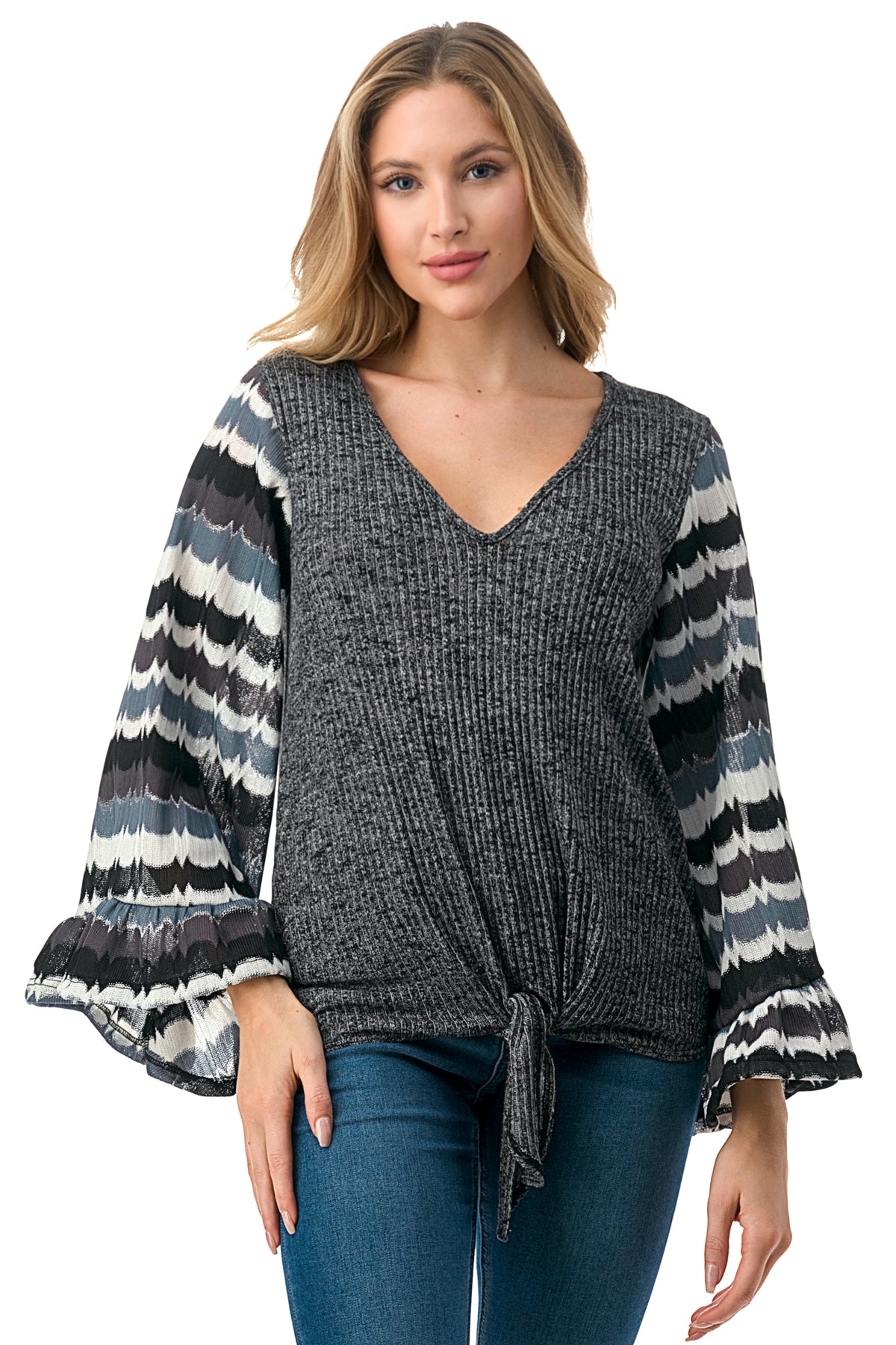 JANE V NECK RUFFLE SLEEVE TOP (GREY HACCI / GREY WAVE)- VT3171