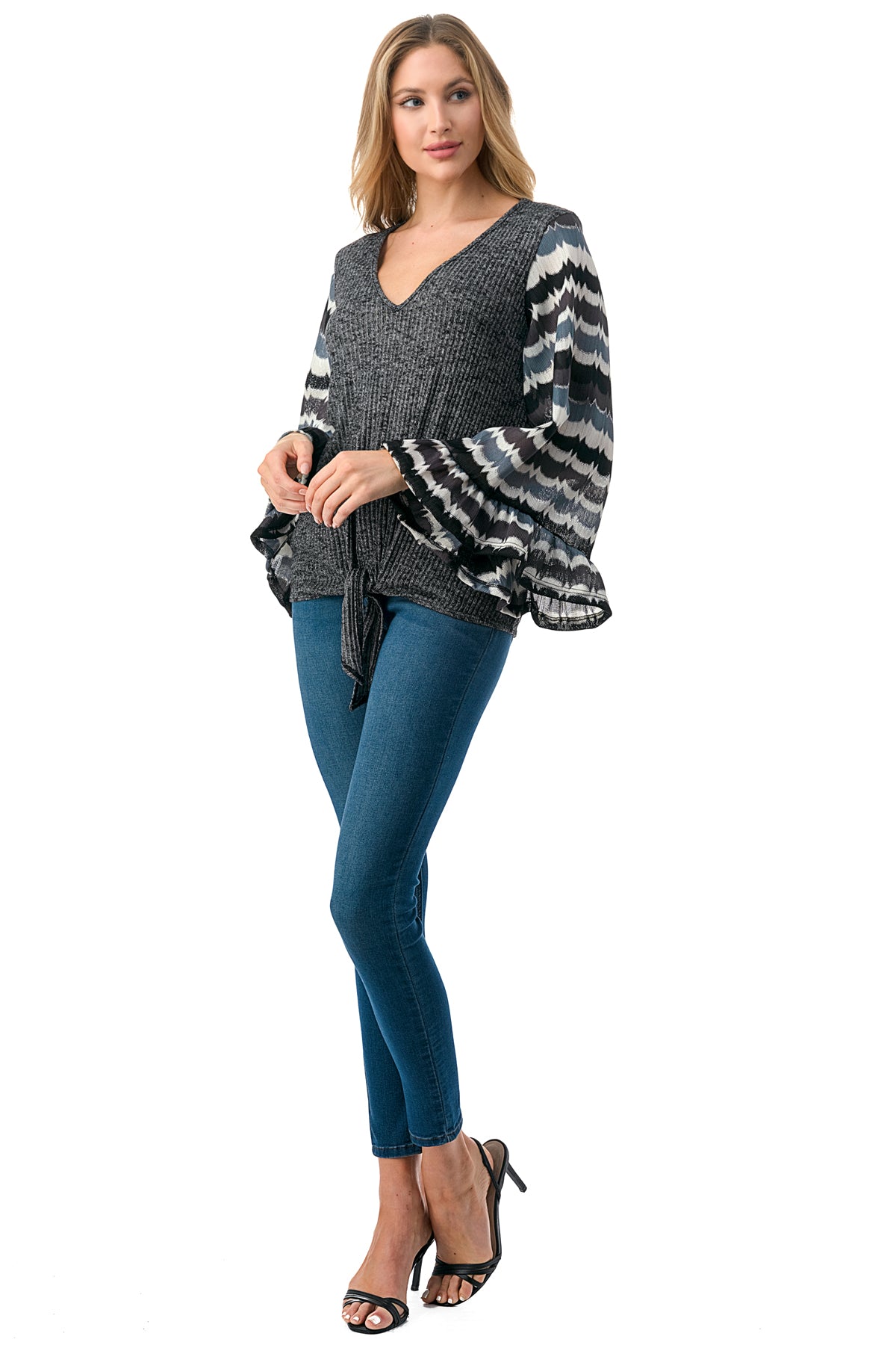 JANE V NECK RUFFLE SLEEVE TOP (GREY HACCI / GREY WAVE)- VT3171