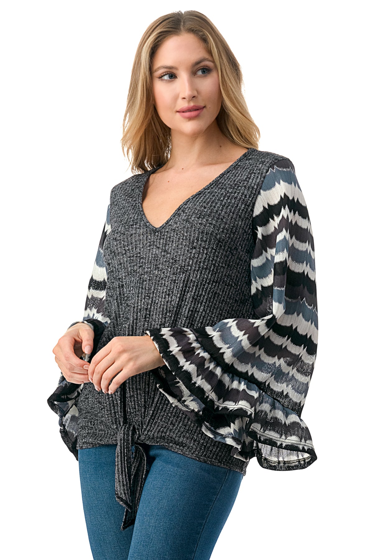 JANE V NECK RUFFLE SLEEVE TOP (GREY HACCI / GREY WAVE)- VT3171