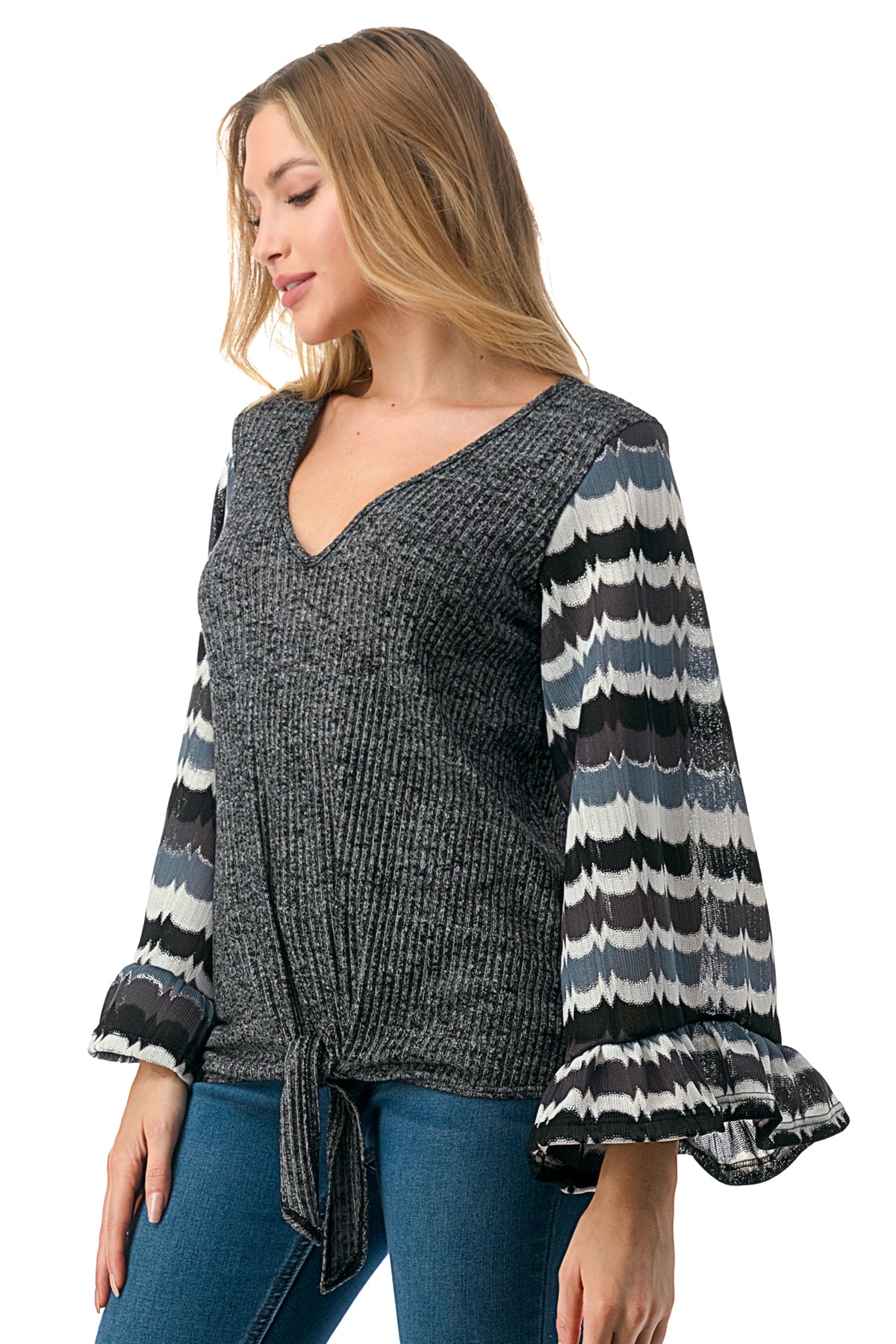 JANE V NECK RUFFLE SLEEVE TOP (GREY HACCI / GREY WAVE)- VT3171