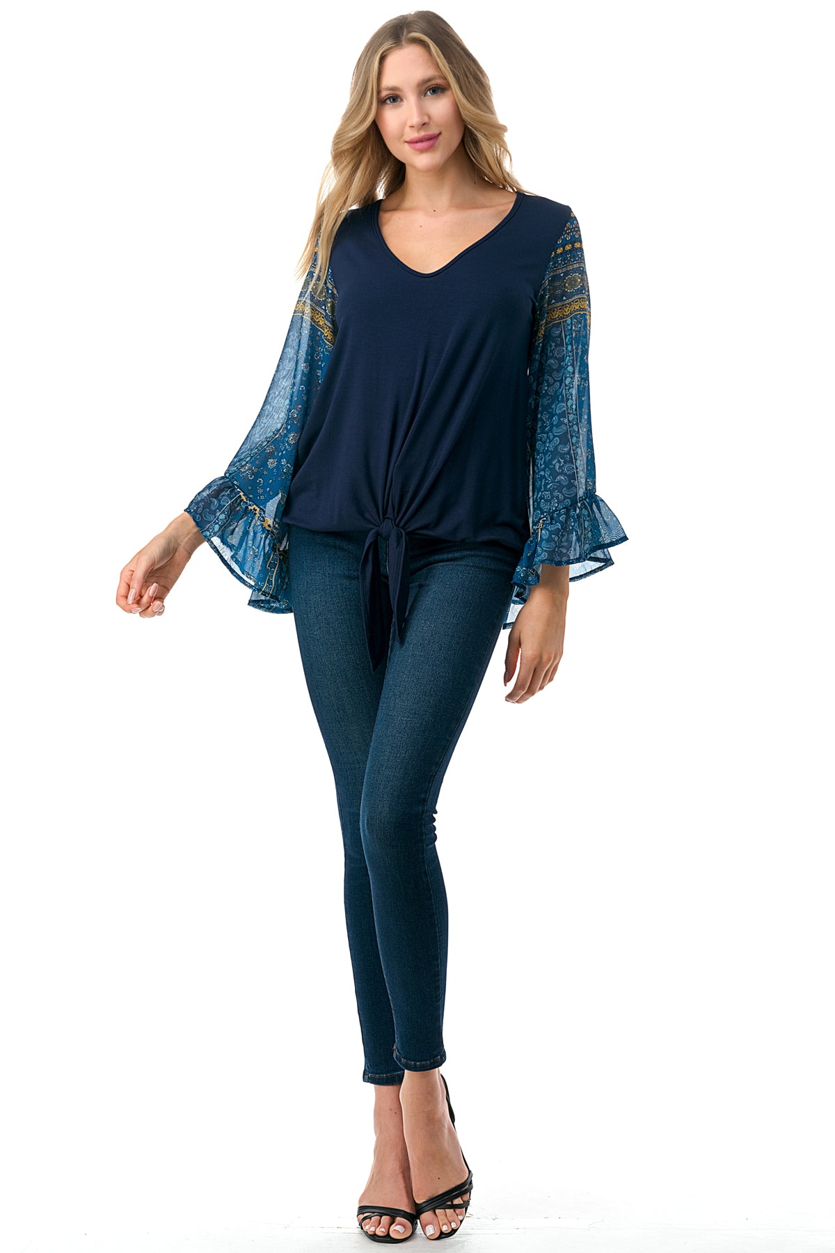 JANE V NECK RUFFLE SLEEVE TOP (NAVY/TEAL BOHO)- VT3171
