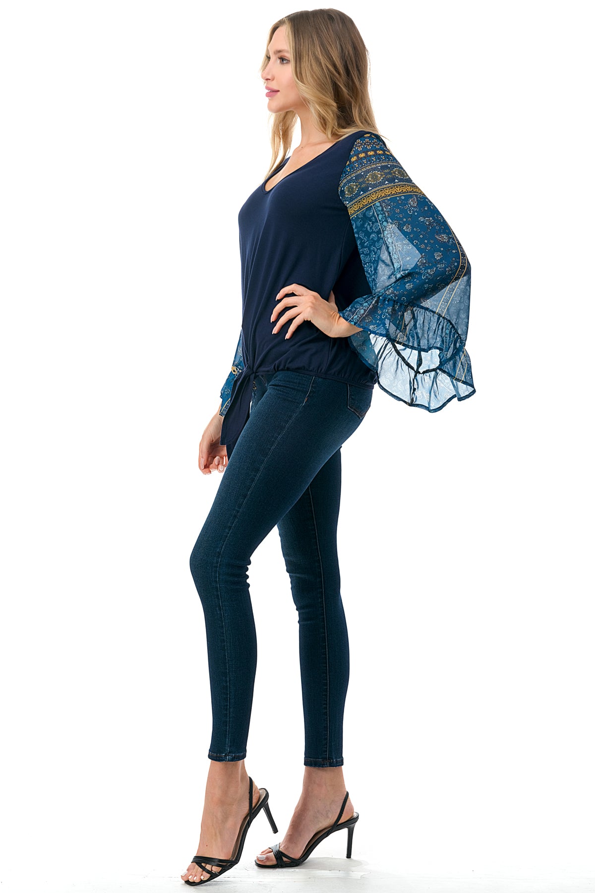 JANE V NECK RUFFLE SLEEVE TOP (NAVY/TEAL BOHO)- VT3171