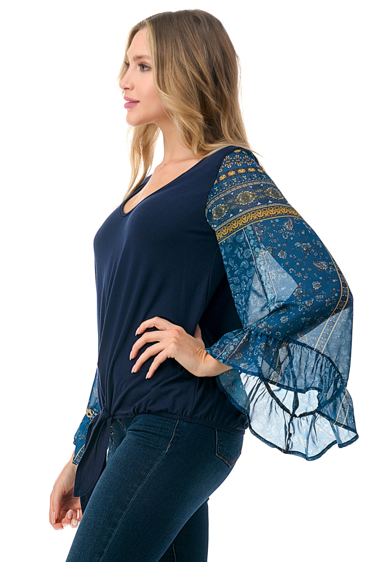 JANE V NECK RUFFLE SLEEVE TOP (NAVY/TEAL BOHO)- VT3171