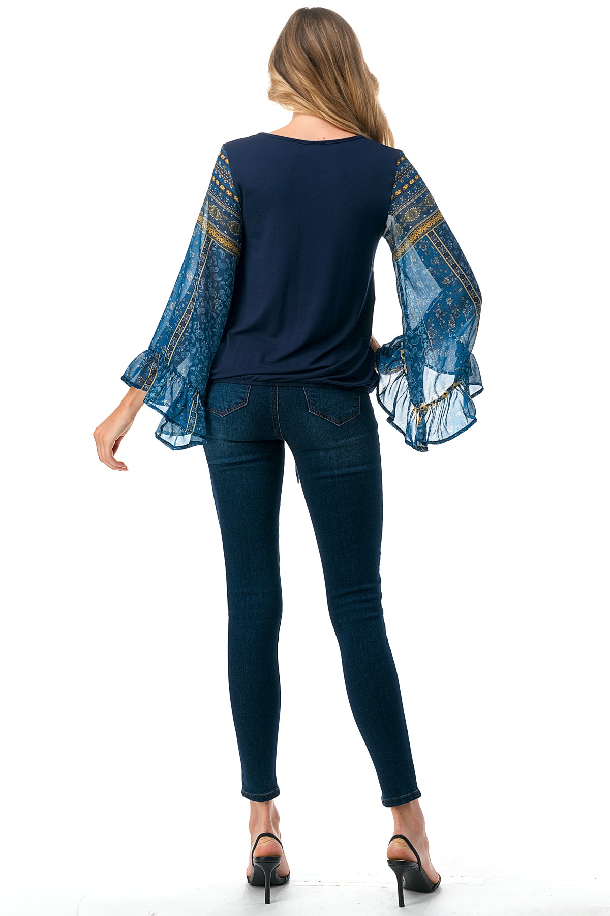 JANE V NECK RUFFLE SLEEVE TOP (NAVY/TEAL BOHO)- VT3171