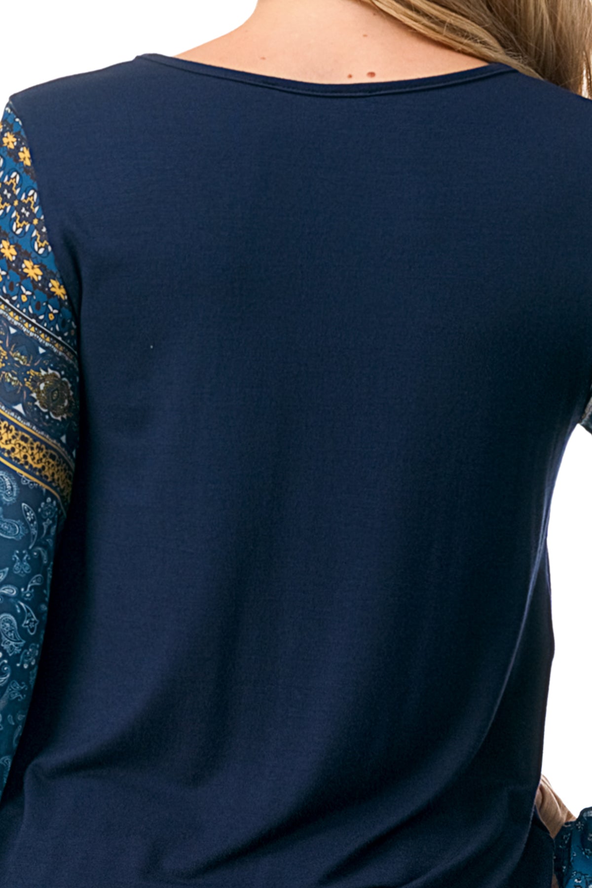 JANE V NECK RUFFLE SLEEVE TOP (NAVY/TEAL BOHO)- VT3171