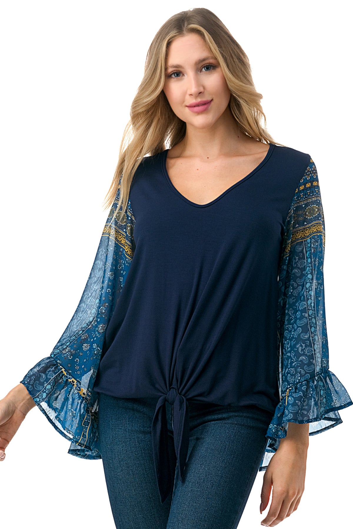 JANE V NECK RUFFLE SLEEVE TOP (NAVY/TEAL BOHO)- VT3171