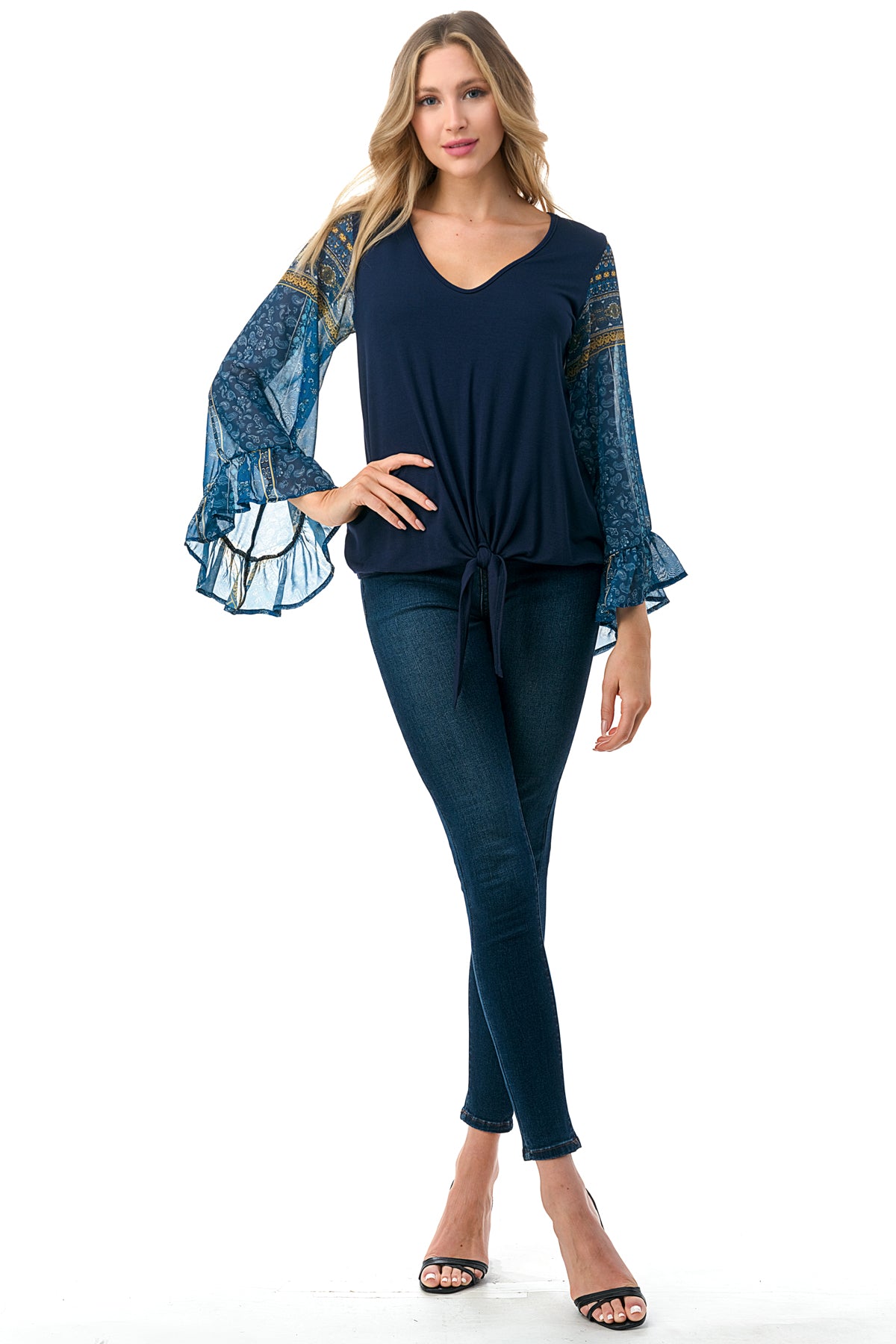 JANE V NECK RUFFLE SLEEVE TOP (NAVY/TEAL BOHO)- VT3171