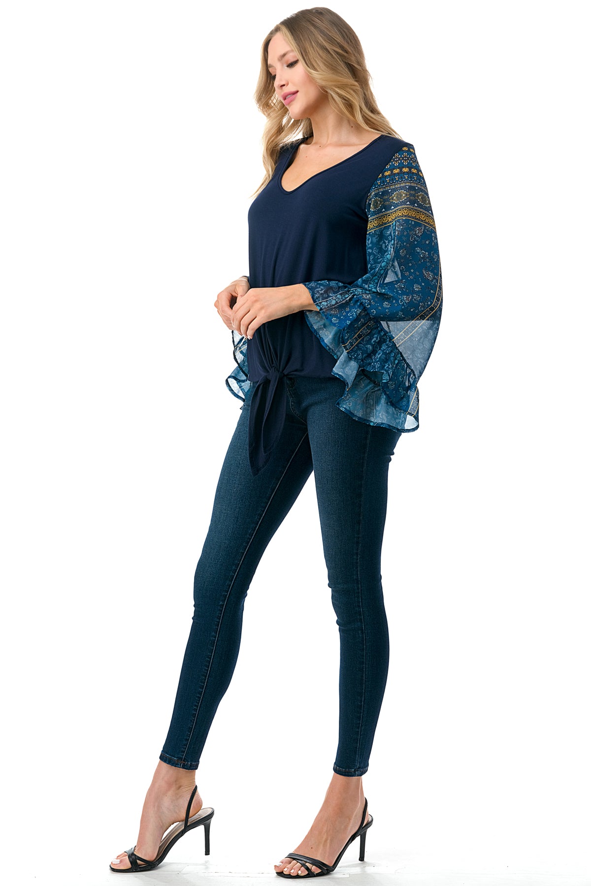 JANE V NECK RUFFLE SLEEVE TOP (NAVY/TEAL BOHO)- VT3171