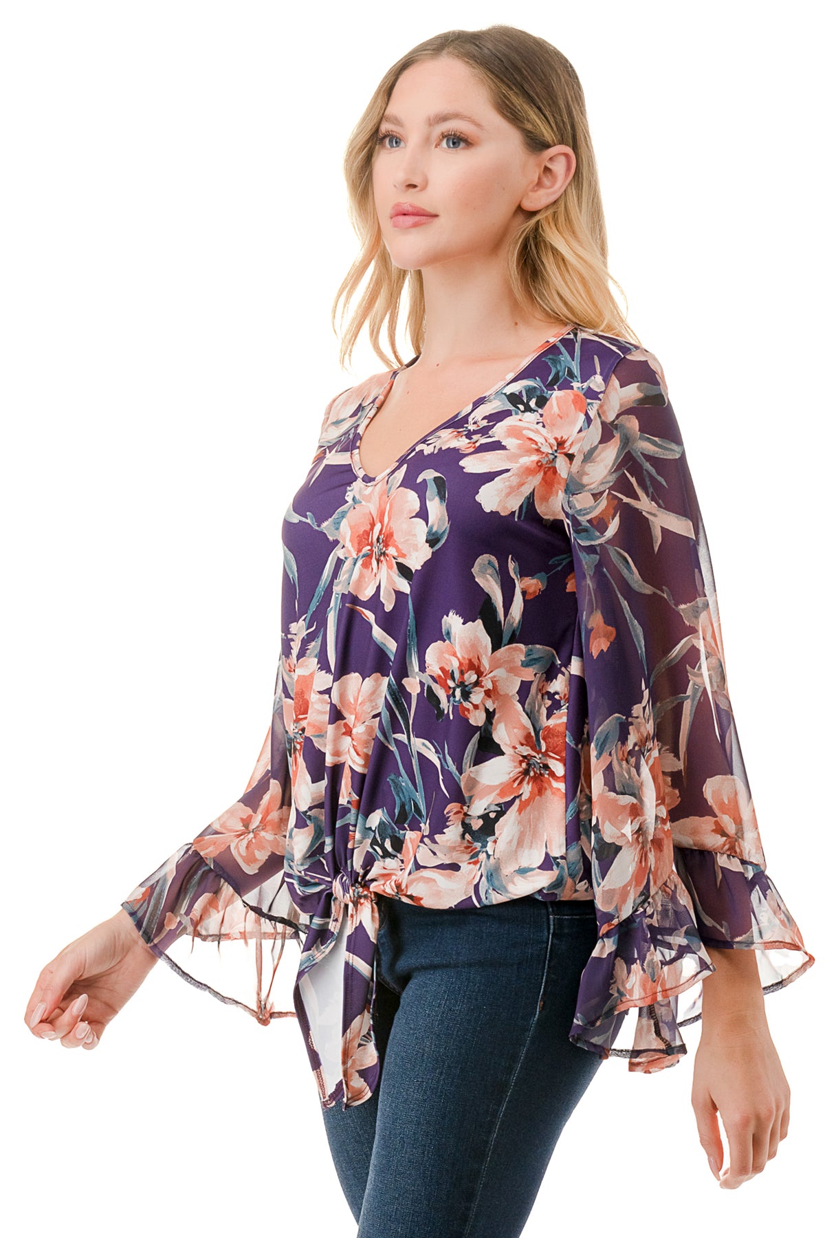 JANE V NECK RUFFLE SLEEVE TOP (PURPLE FLORAL / PURPLE FLORAL CHIFFON)- VT3171