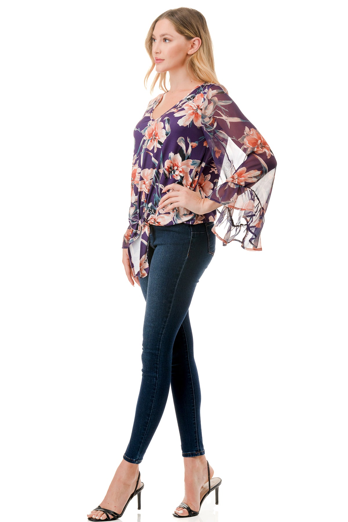 JANE V NECK RUFFLE SLEEVE TOP (PURPLE FLORAL / PURPLE FLORAL CHIFFON)- VT3171